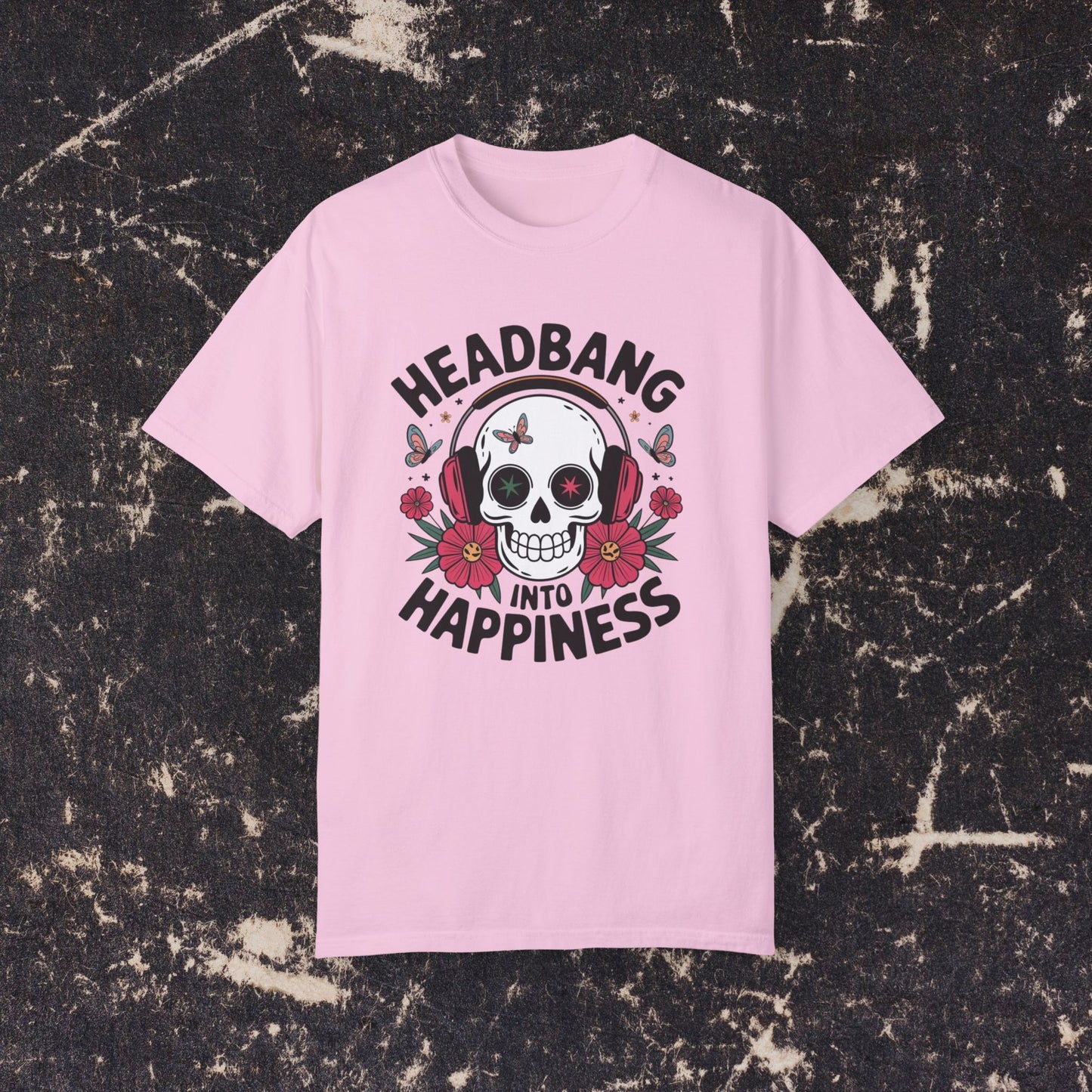 Rock Music Skull Headphones T Shirt, Headbang Into Happiness Graphic Tee, Skull and Flowers Music Lovers Shirt, Fun Music Band Tee