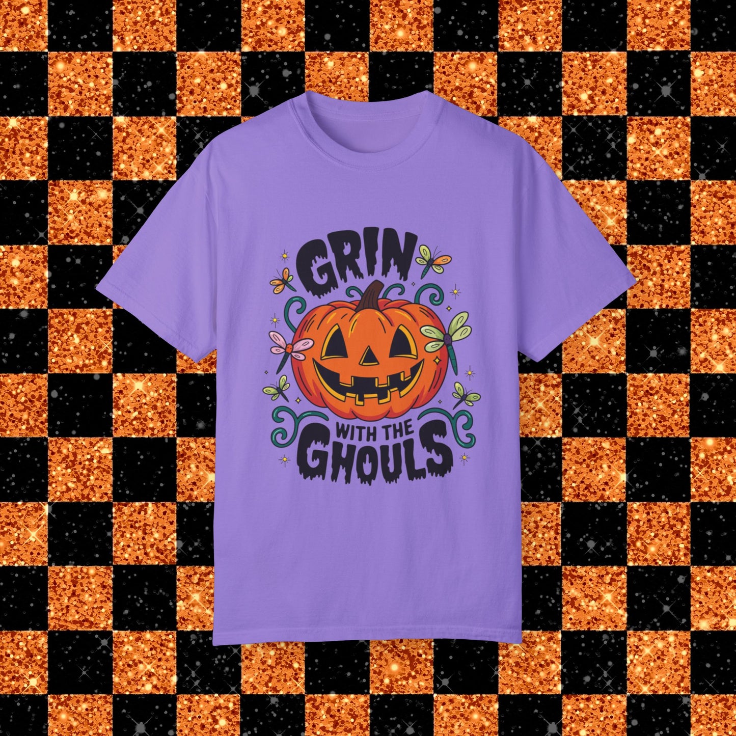 Funny Halloween T-shirt, Grin with the Ghouls, Pumpkin Face Shirt, Halloween Party Tee, Spooky Season Shirt, Dragonfly Decor