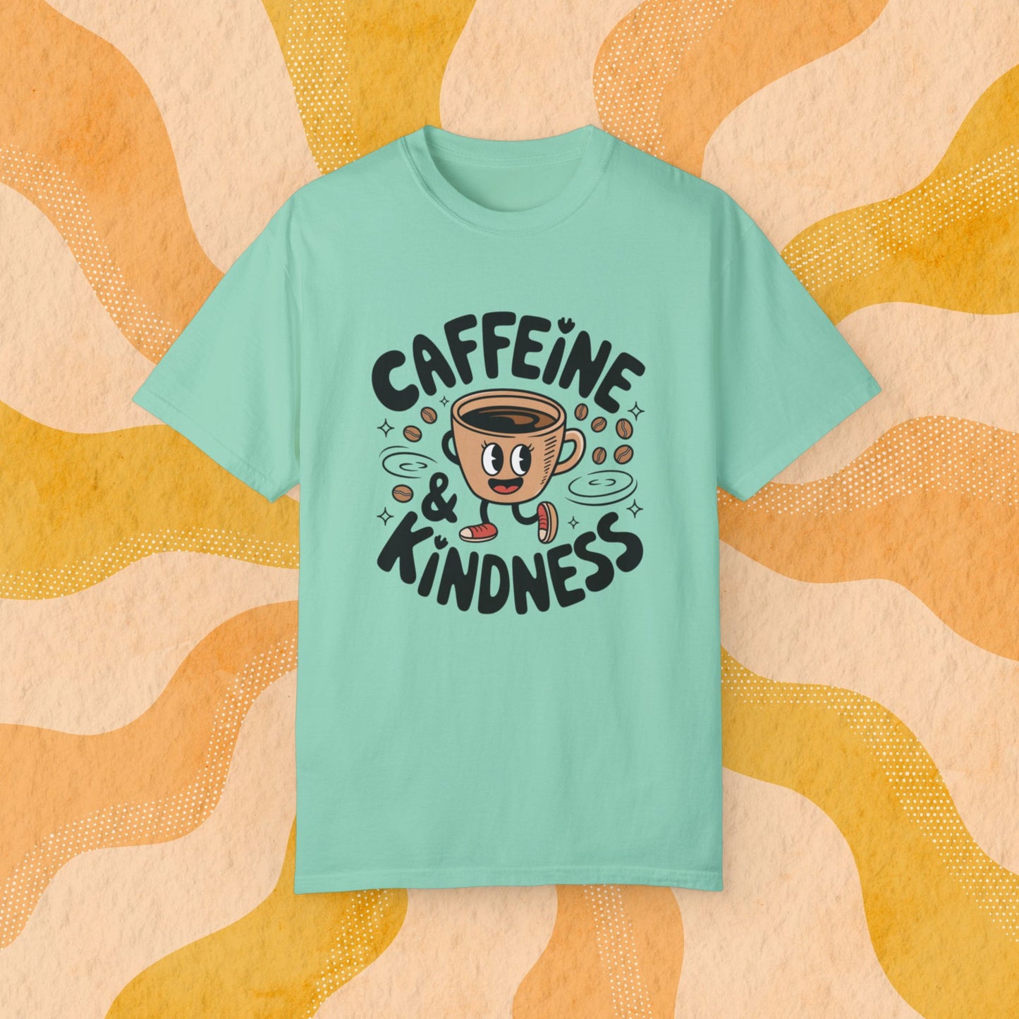 Coffee Lover T-Shirt, Caffeine and Kindness Shirt, Funny Coffee Graphic Tee, Cute Coffee Cup Illustration, Coffee Enthusiast Gift