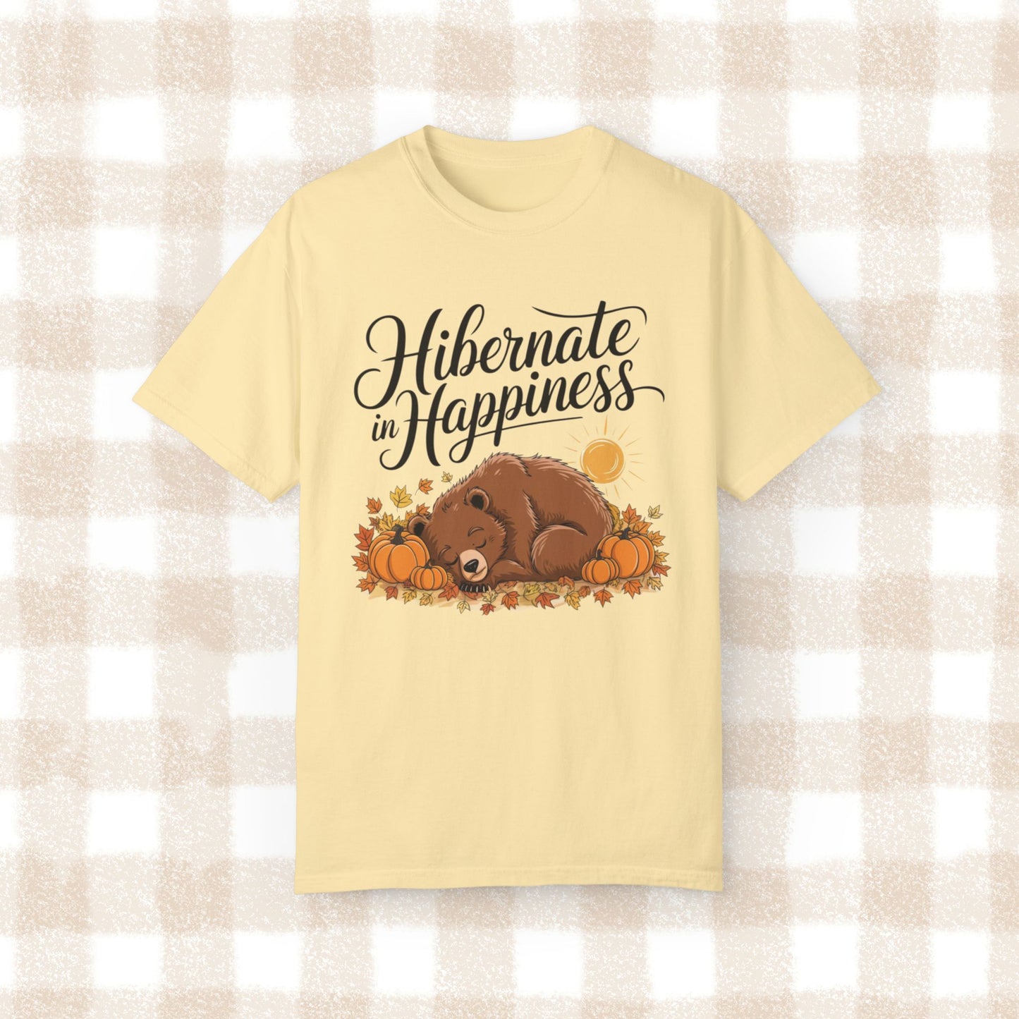 Hibernate in Happiness Bear Fall Design T-Shirt, Cute Bear Sleeping with Pumpkins, Autumn Leaves, Sun, Nature Lovers Gift Tee