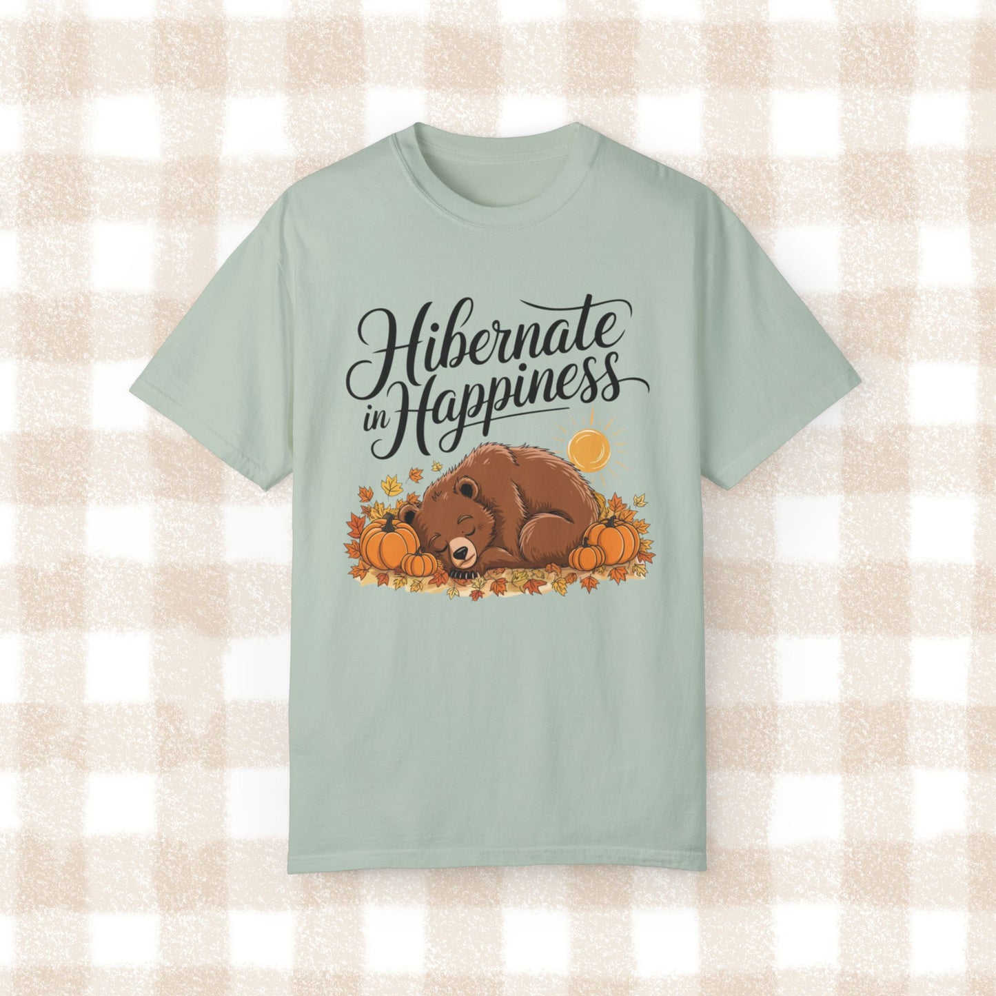 Hibernate in Happiness Bear Fall Design T-Shirt, Cute Bear Sleeping with Pumpkins, Autumn Leaves, Sun, Nature Lovers Gift Tee