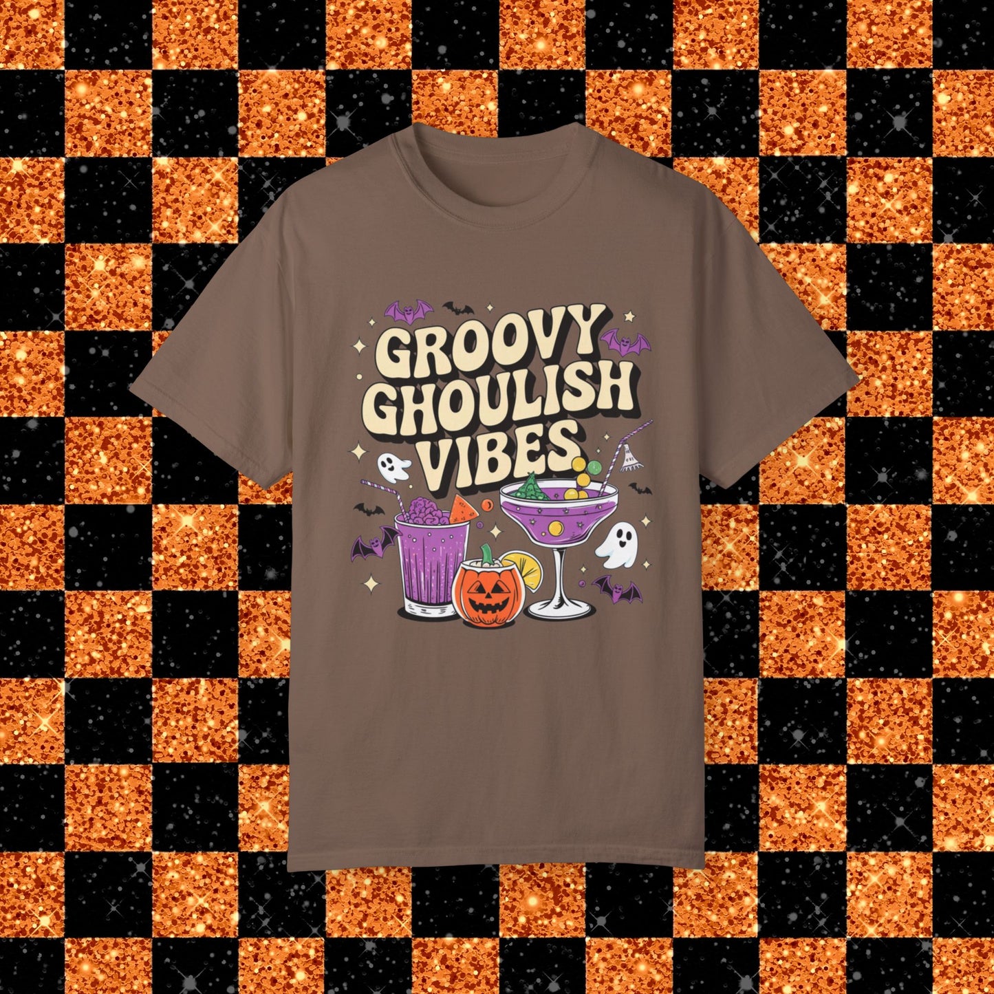 Groovy Ghoulish Vibes T-Shirt, Halloween Ghosts and Pumpkins Tee, Spooky Cocktail Party Shirt, Fun Halloween Graphic Tee