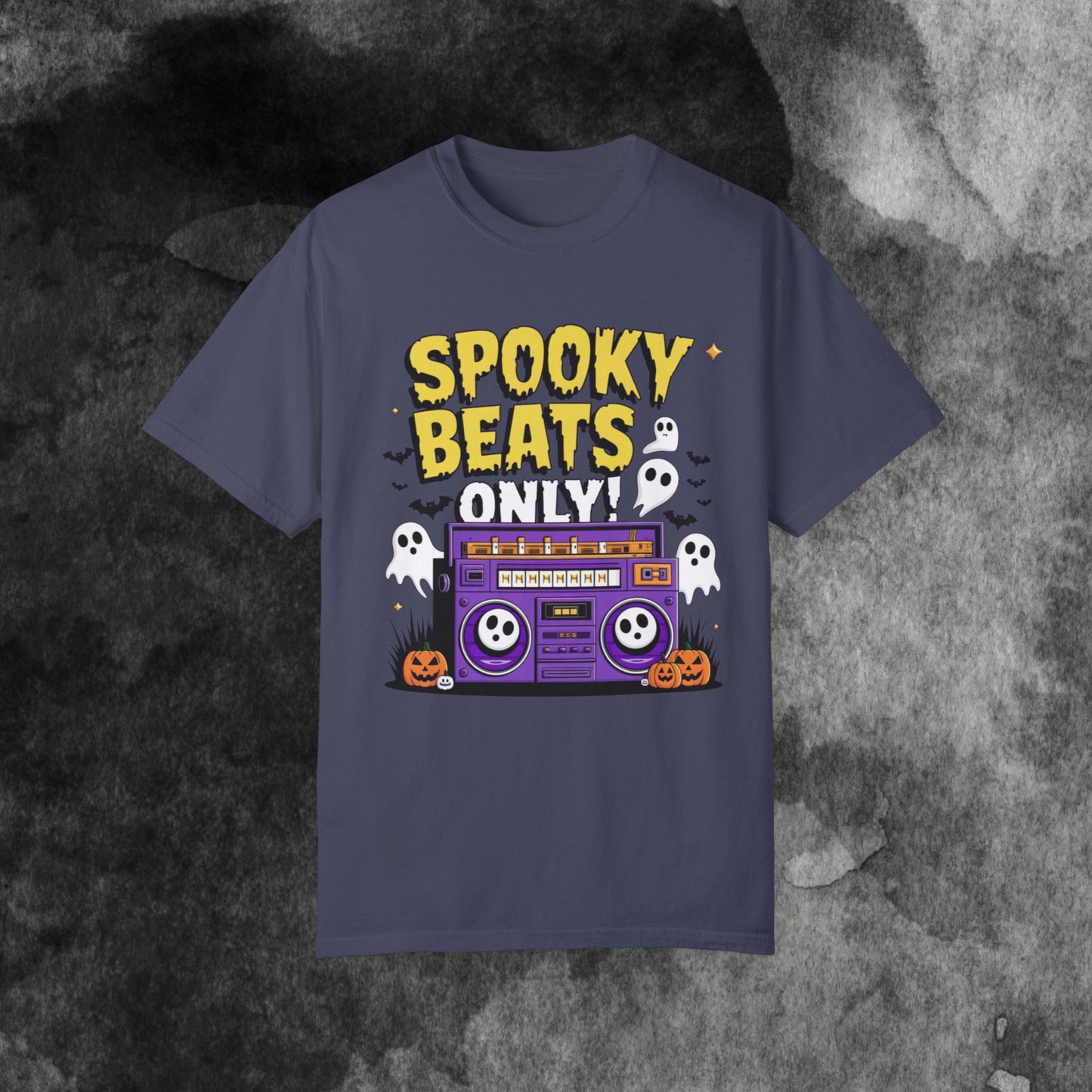 Spooky Beats Only T-Shirt, Halloween Graphic Tee, Retro Boombox Shirt, Ghosts and Pumpkins Design, Fun Holiday Apparel