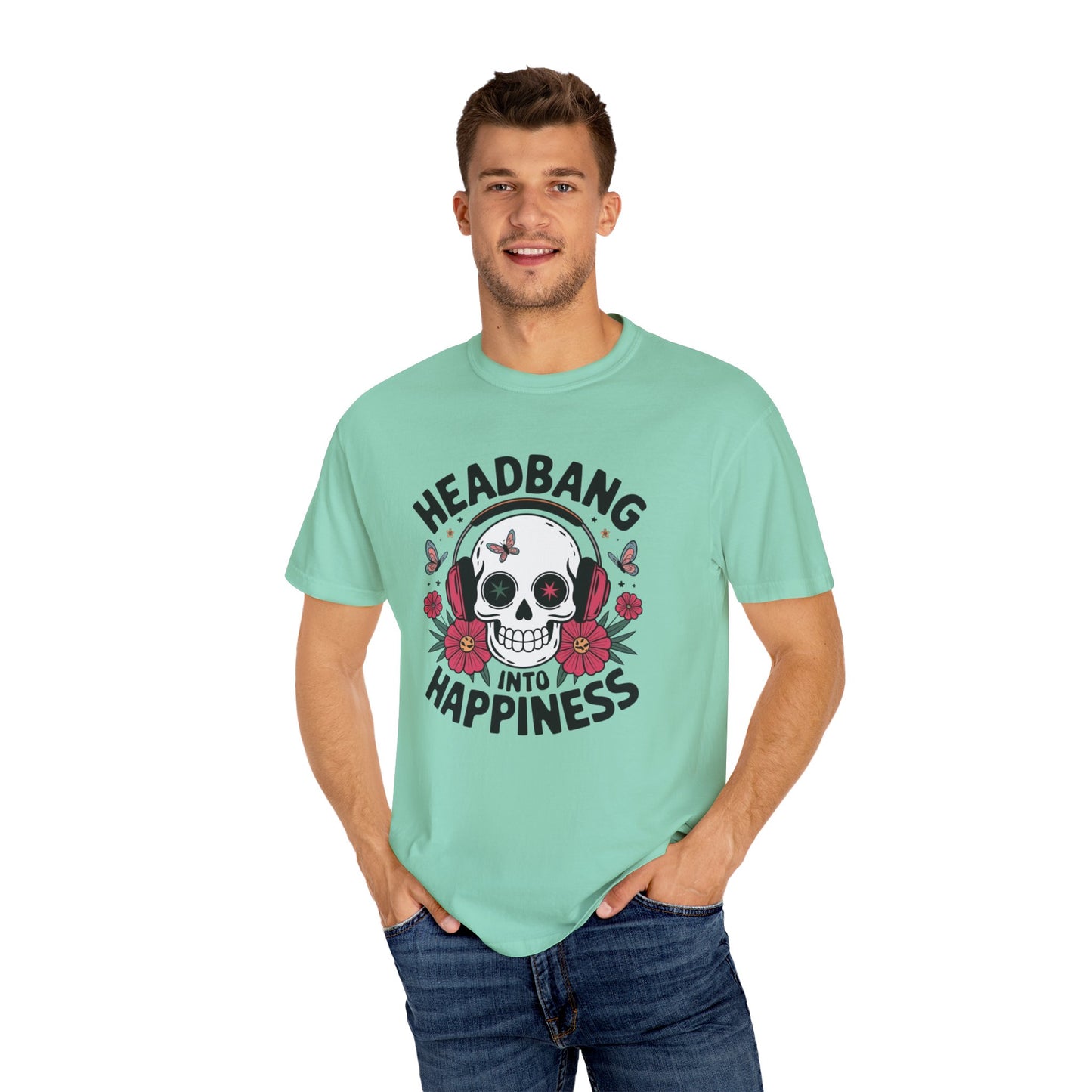 Rock Music Skull Headphones T Shirt, Headbang Into Happiness Graphic Tee, Skull and Flowers Music Lovers Shirt, Fun Music Band Tee