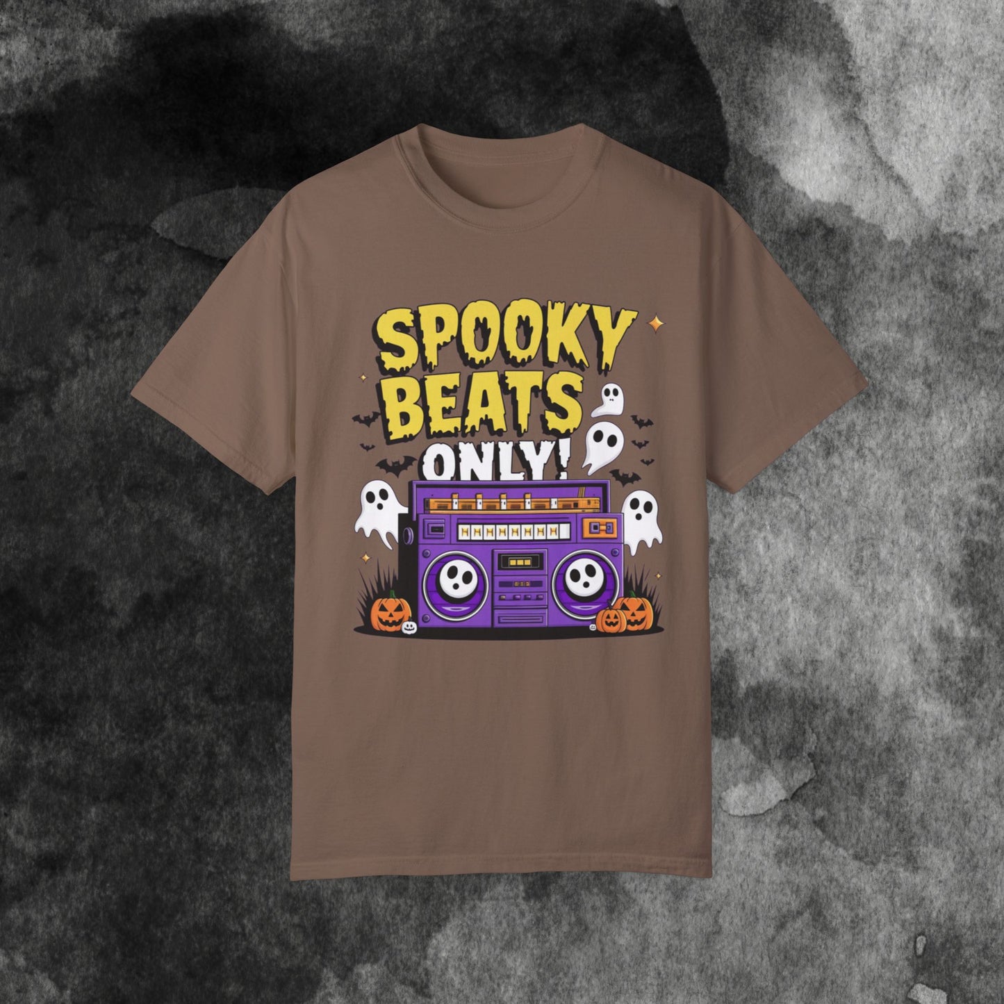 Spooky Beats Only T-Shirt, Halloween Graphic Tee, Retro Boombox Shirt, Ghosts and Pumpkins Design, Fun Holiday Apparel