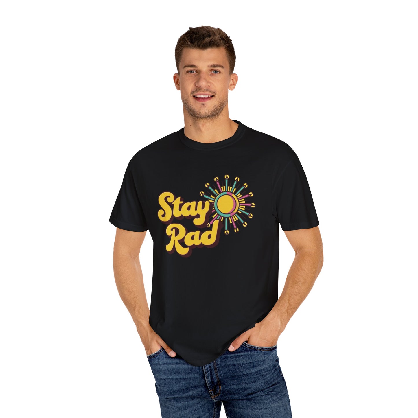 Stay Rad Retro Sunshine Graphic T-Shirt, Vintage Style Tee, Positive Vibes Summer Shirt, Fun Casual Outfit, Groovy Statement Top