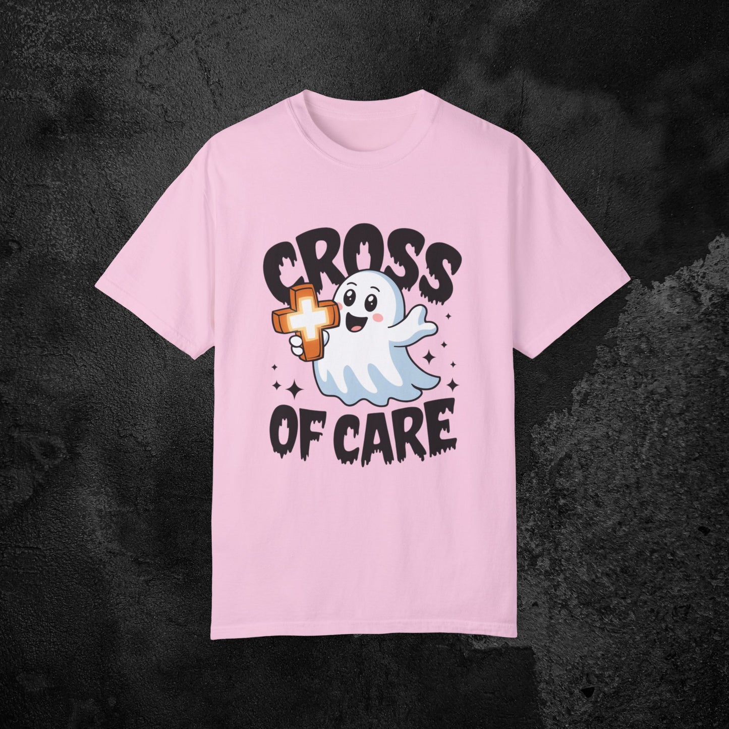 Cute Ghost Cross of Care T Shirt, Fun Halloween Graphic Tee, Perfect for Halloween Parties, Casual Wear, Gift Idea for Friends