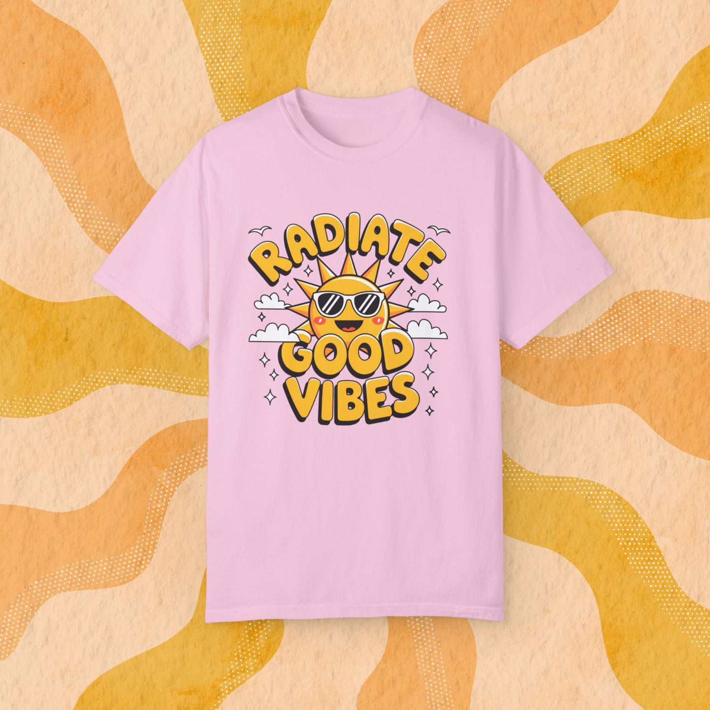 Radiate Good Vibes T-Shirt, Positive Energy Shirt, Sun and Cloud Graphic Tee, Happy Sunshine Shirt, Good Vibes Graphic Tee T-shirt Gift Garment-Dyed T-shirt