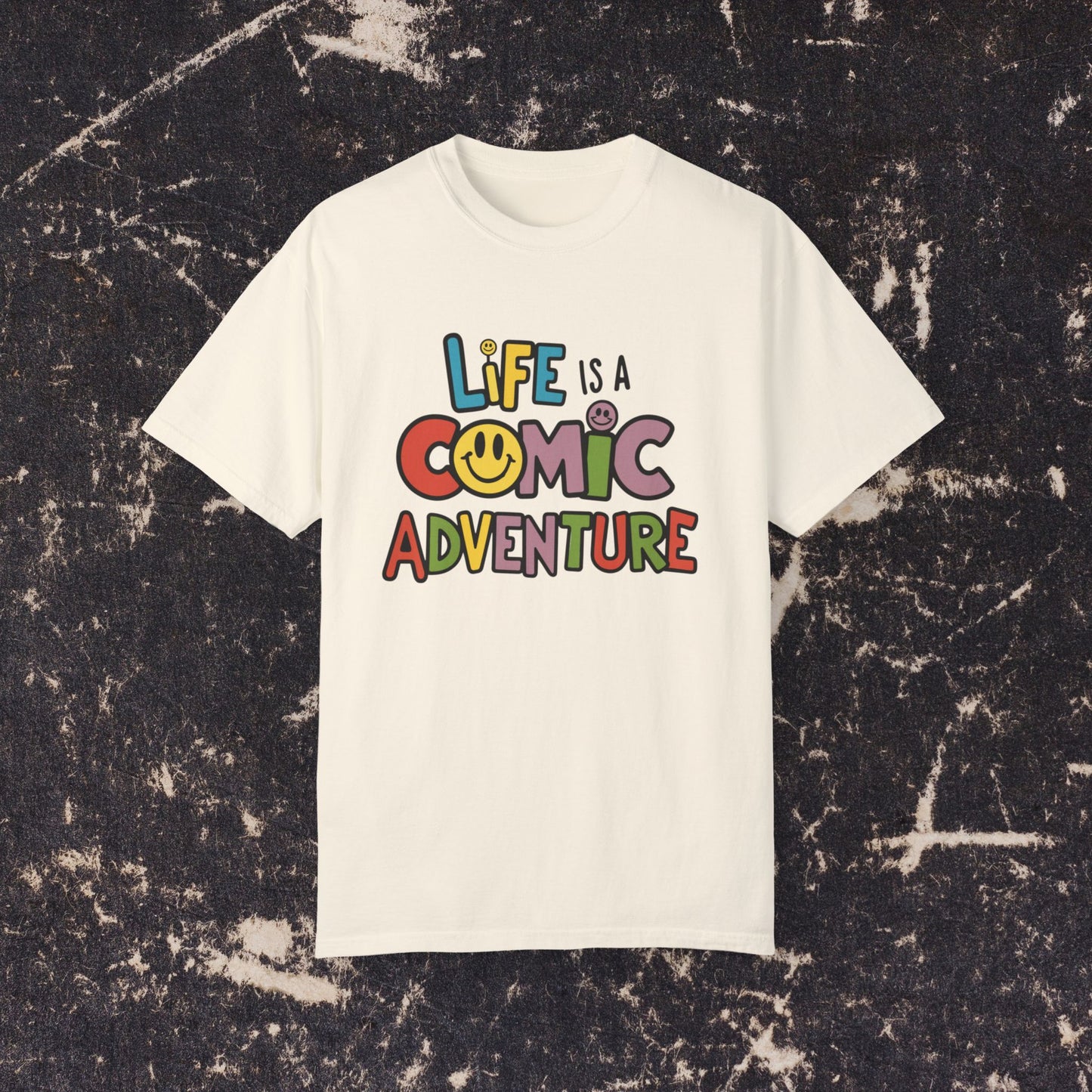 Life is a Comic Adventure T-Shirt, Fun Graphic Tee, Cute Smiley Face Shirt, Colorful Adventure T-Shirt, Positive Vibes T-Shirt