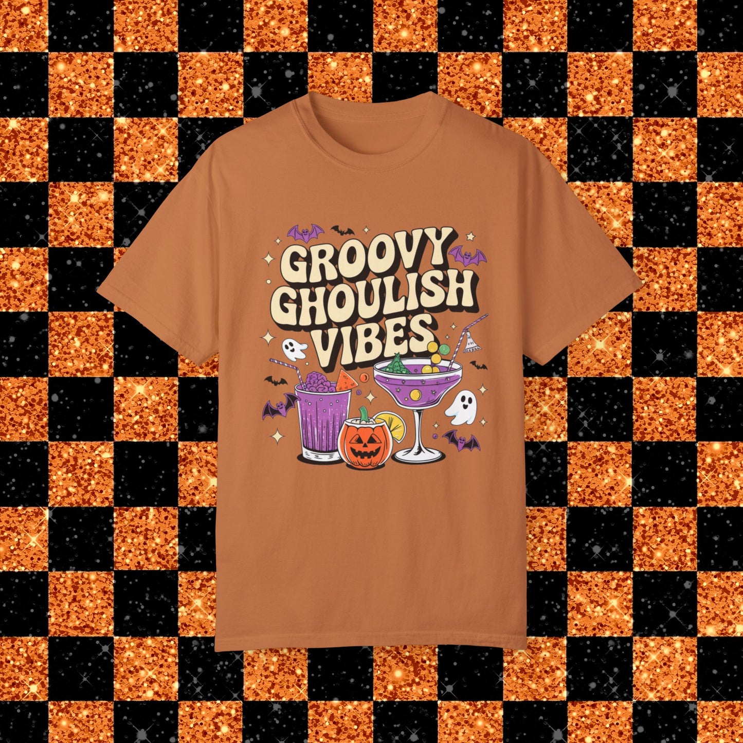 Groovy Ghoulish Vibes T-Shirt, Halloween Ghosts and Pumpkins Tee, Spooky Cocktail Party Shirt, Fun Halloween Graphic Tee