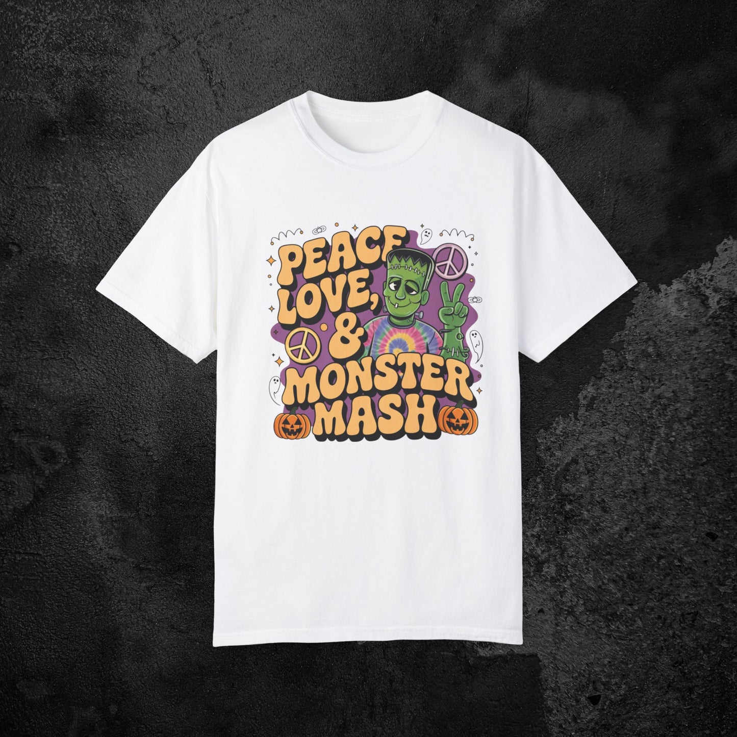 Peace Love and Monster Mash T-Shirt Funny Halloween Shirt Retro Horror Tee Perfect Halloween Gift Short Sleeve Top