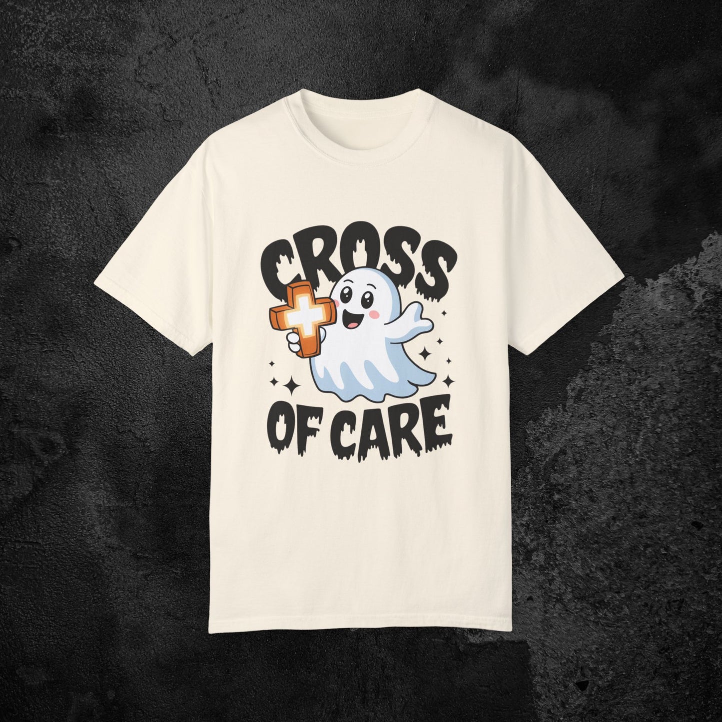 Cute Ghost Cross of Care T Shirt, Fun Halloween Graphic Tee, Perfect for Halloween Parties, Casual Wear, Gift Idea for Friends