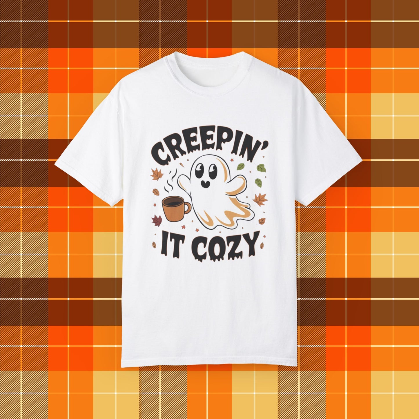 Creepin it cozy ghost coffee T-shirt, Funny Halloween fall leaves shirt, Spooky season graphic tee, Autumn cozy vibes top