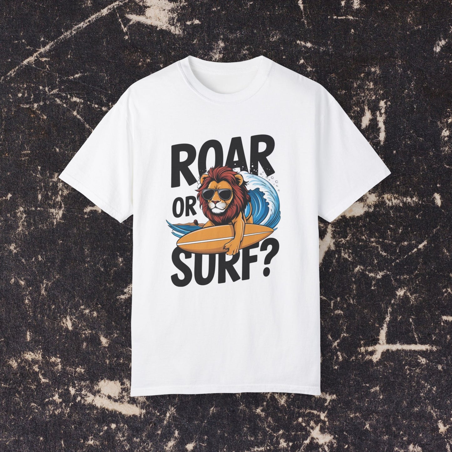 Lion Surfer T-Shirt, Roar or Surf Graphic Tee, Fun Summer Beach Tee, Cool Lion Surfing Shirt, Unique Animal Graphic Tee