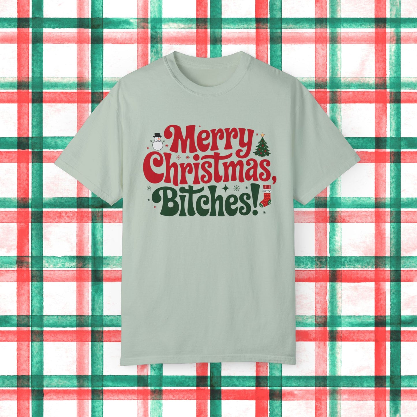 Merry Christmas Bitches Funny Holiday T-Shirt, Christmas Tree and Snowman Graphic Tee, Fun Xmas Shirt, Christmas Party Shirt