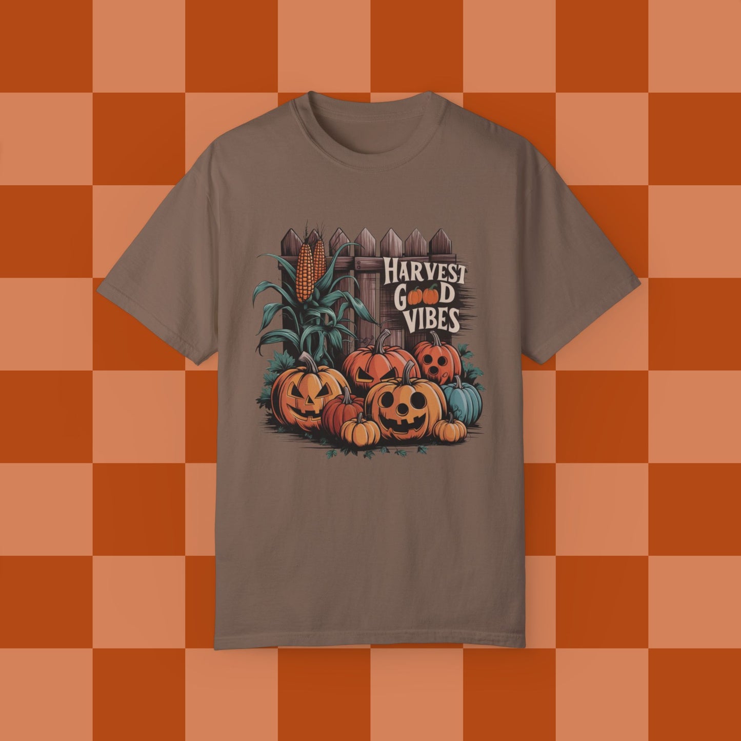 Harvest Good Vibes T-Shirt, Perfect Fall Pumpkin Design, Autumn Corn, Rustic Fence, Cozy Halloween Vibes, Seasonal Graphic Tee