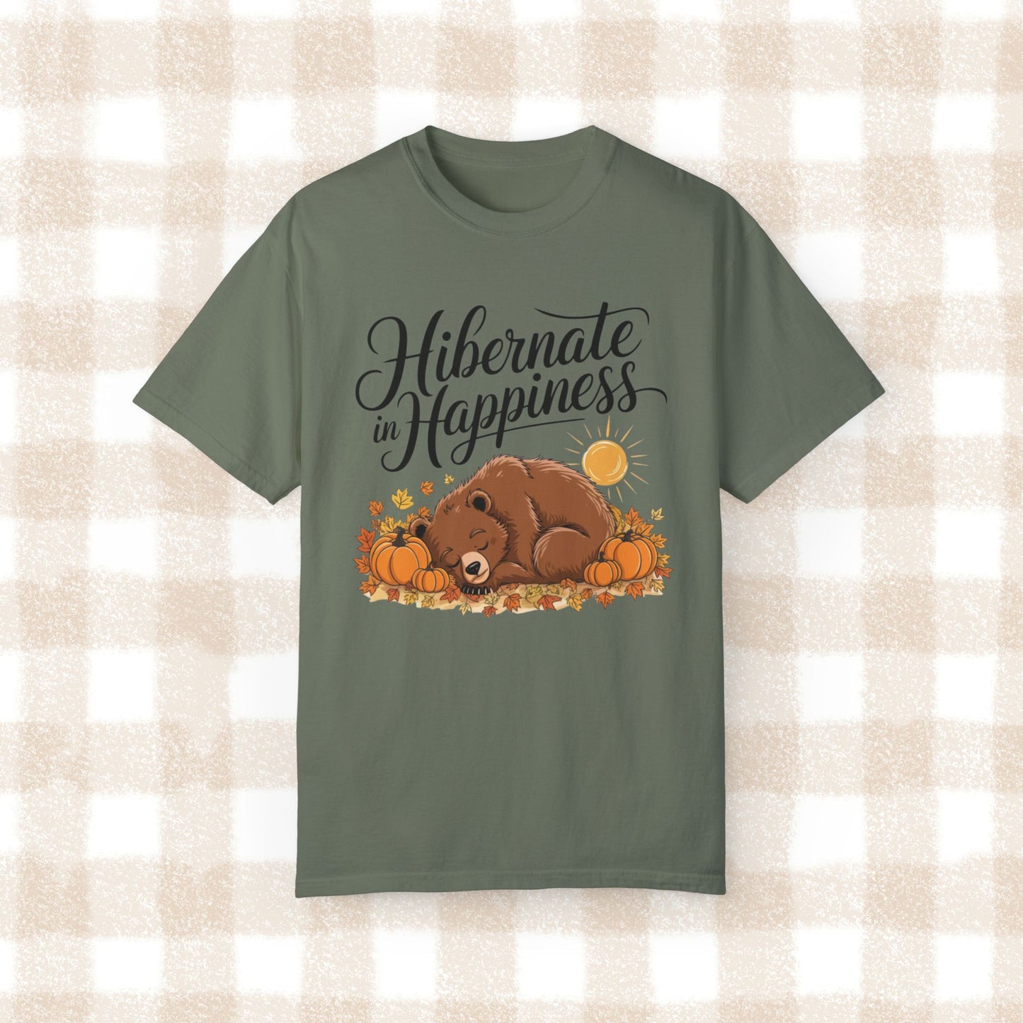 Hibernate in Happiness Bear Fall Design T-Shirt, Cute Bear Sleeping with Pumpkins, Autumn Leaves, Sun, Nature Lovers Gift Tee