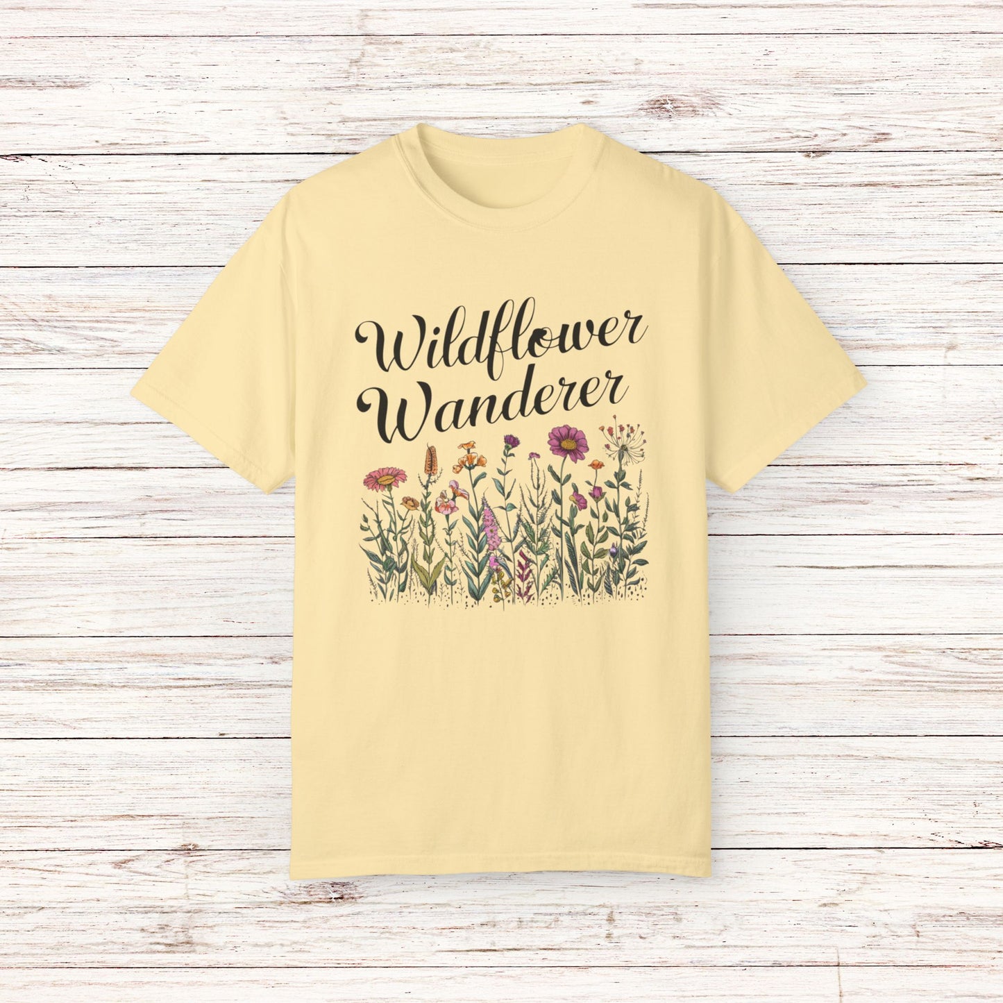 Wildflower Wanderer Graphic Tee, Botanical Floral Design T-Shirt, Nature Lover Gift Shirt, Minimalist Wildflower Tee, Outdoor Adventure Garment-Dyed T-shirt