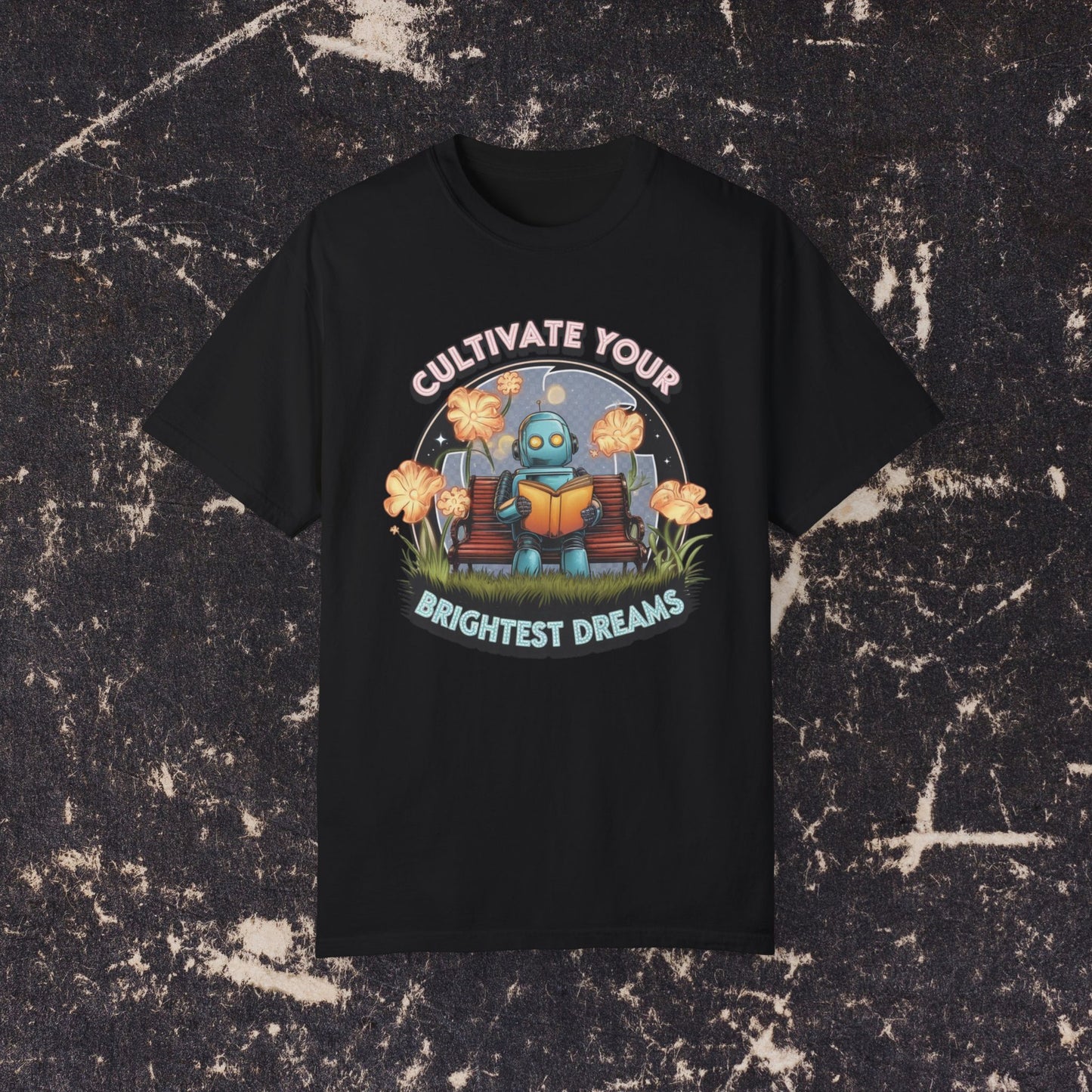 Cute Robot Reading on a Bench Graphic Tee, Cultivate Your Brightest Dreams T-Shirt, Motivational Robot Illustration Tee