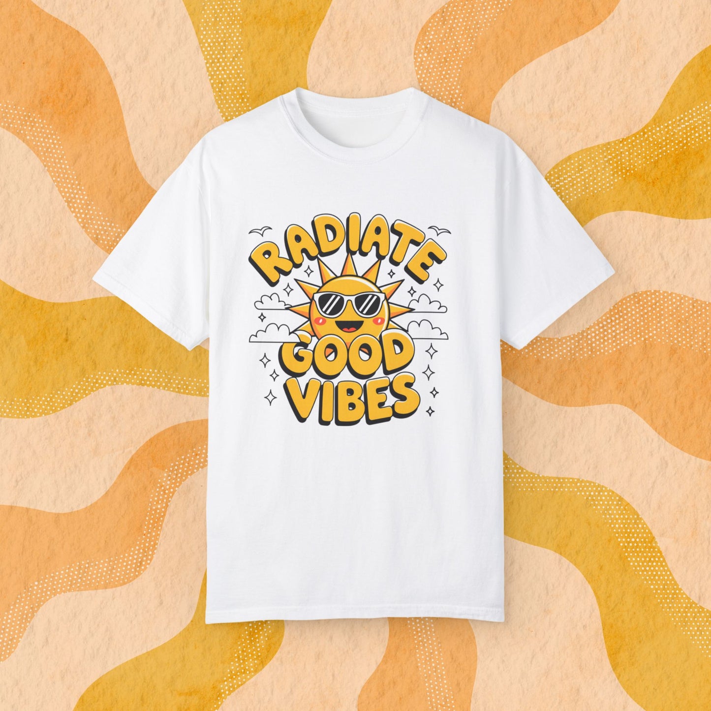 Radiate Good Vibes T-Shirt, Positive Energy Shirt, Sun and Cloud Graphic Tee, Happy Sunshine Shirt, Good Vibes Graphic Tee T-shirt Gift Garment-Dyed T-shirt