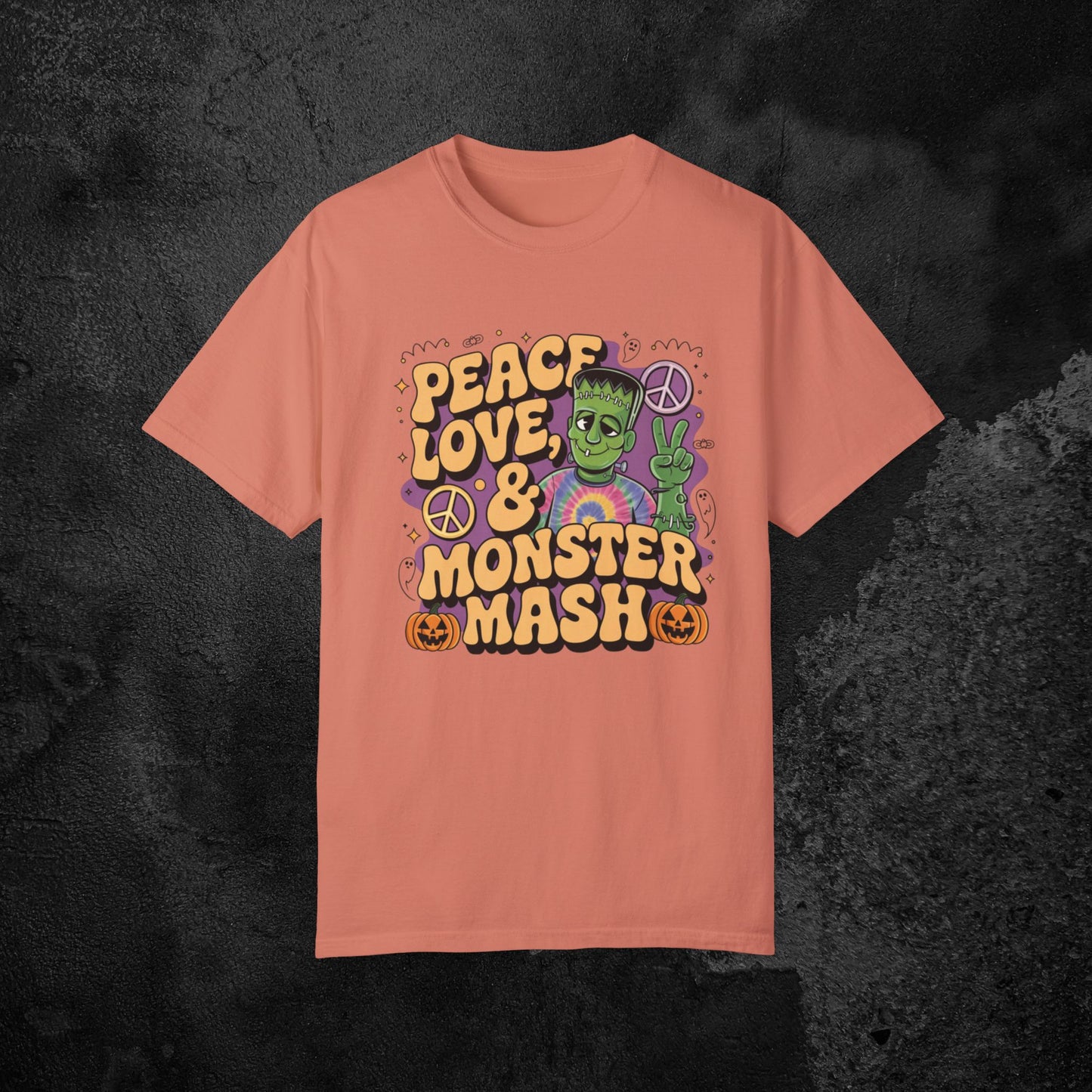 Peace Love and Monster Mash T-Shirt Funny Halloween Shirt Retro Horror Tee Perfect Halloween Gift Short Sleeve Top