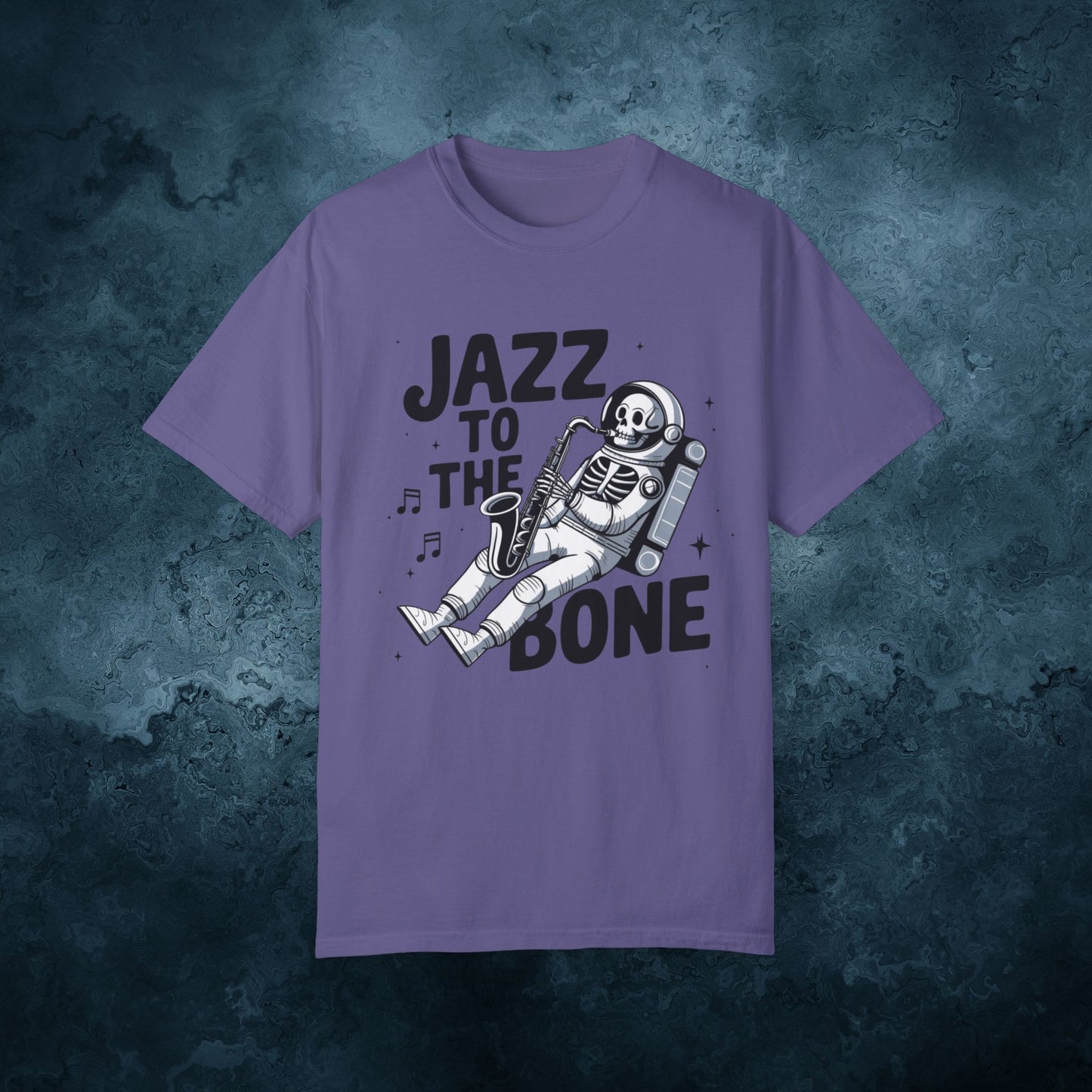 Skeleton Astronaut Playing Saxophone T-Shirt, Jazz Music Lover Tee, Space Theme Graphic Tee, Unique Artistic T-Shirt Gift