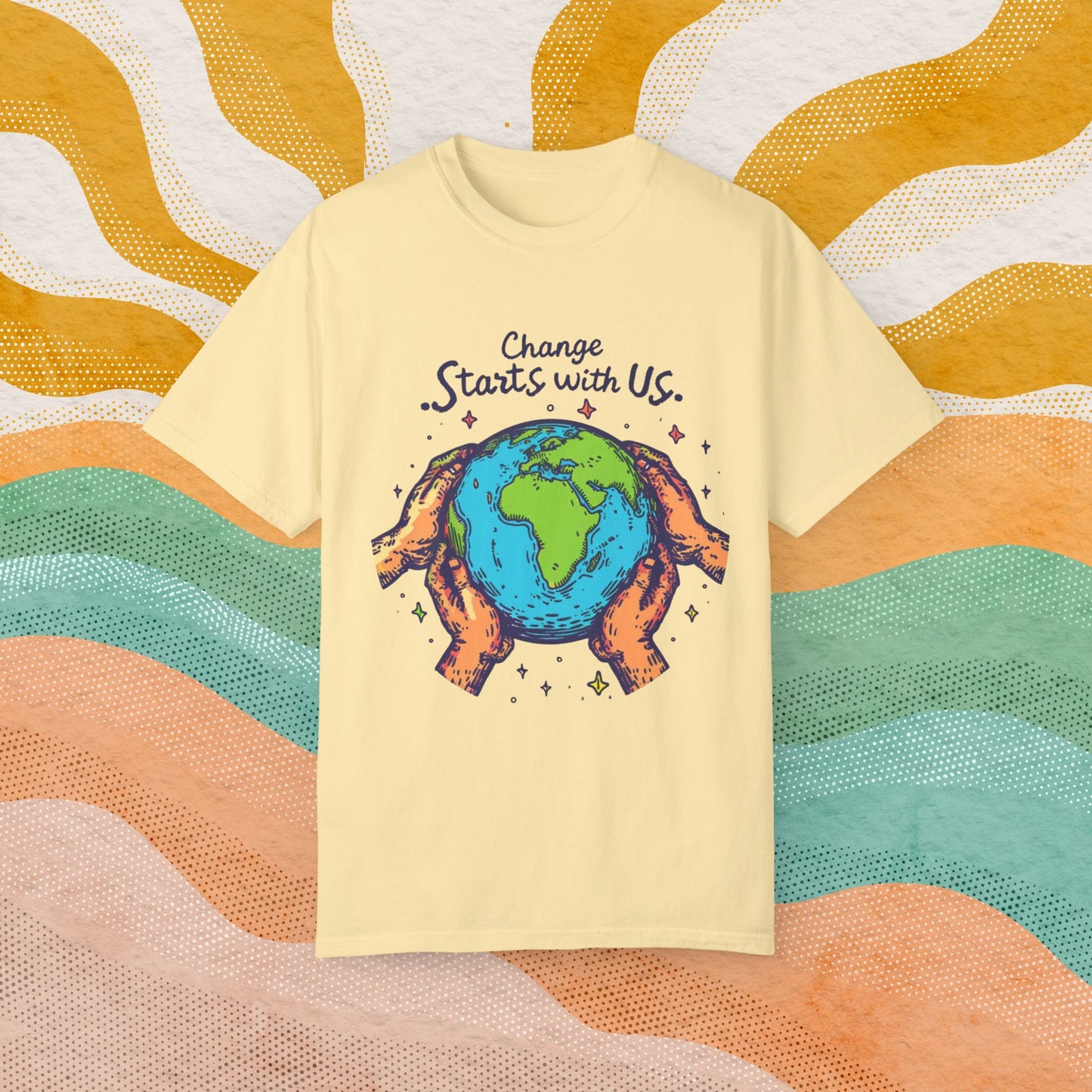 Change Starts with Us Earth Design T-Shirt, Inspirational World Graphic Tee, Environmental Awareness Shirt for Men Women