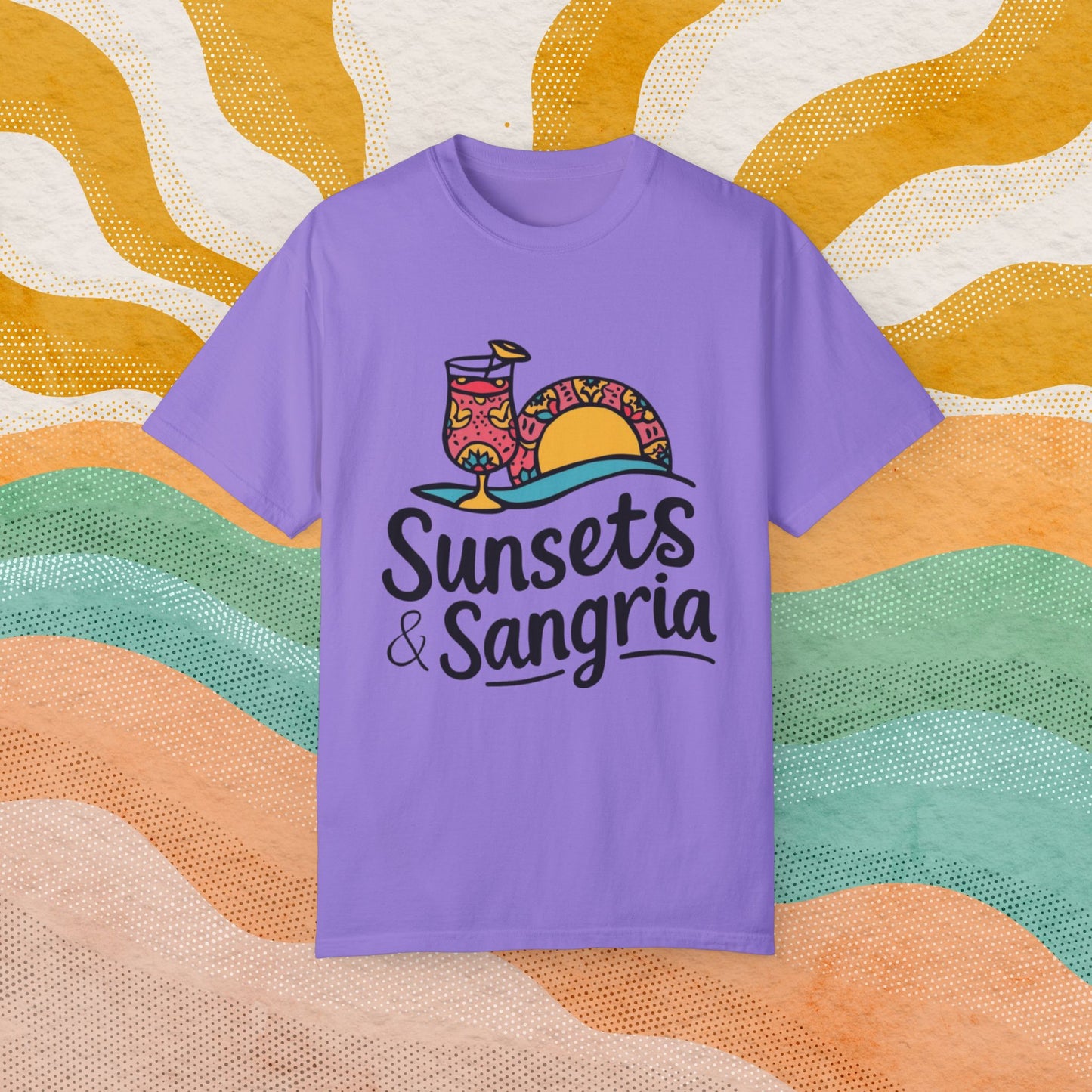 Sunsets and Sangria Graphic Tee, Fun Summer Beach Shirt, Vacation Vibes T-Shirt, Relaxed Fit Casual Top, Unique Gift Idea