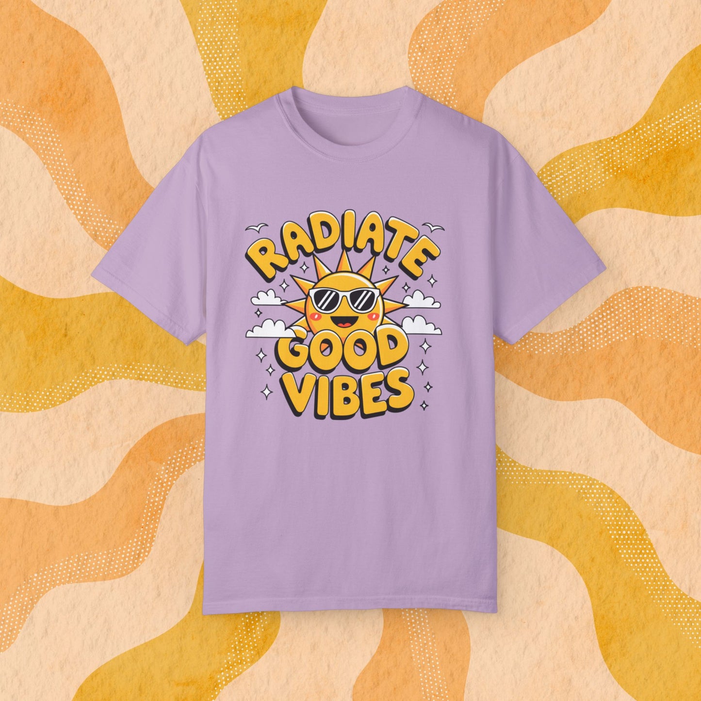 Radiate Good Vibes T-Shirt, Positive Energy Shirt, Sun and Cloud Graphic Tee, Happy Sunshine Shirt, Good Vibes Graphic Tee T-shirt Gift Garment-Dyed T-shirt