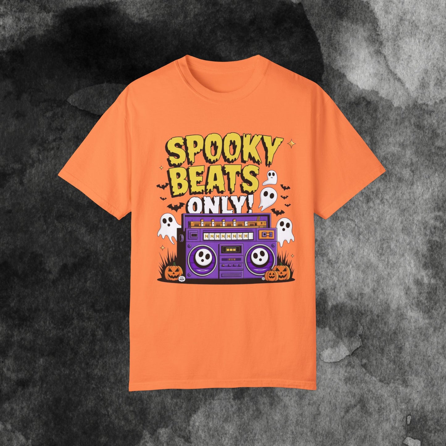 Spooky Beats Only T-Shirt, Halloween Graphic Tee, Retro Boombox Shirt, Ghosts and Pumpkins Design, Fun Holiday Apparel