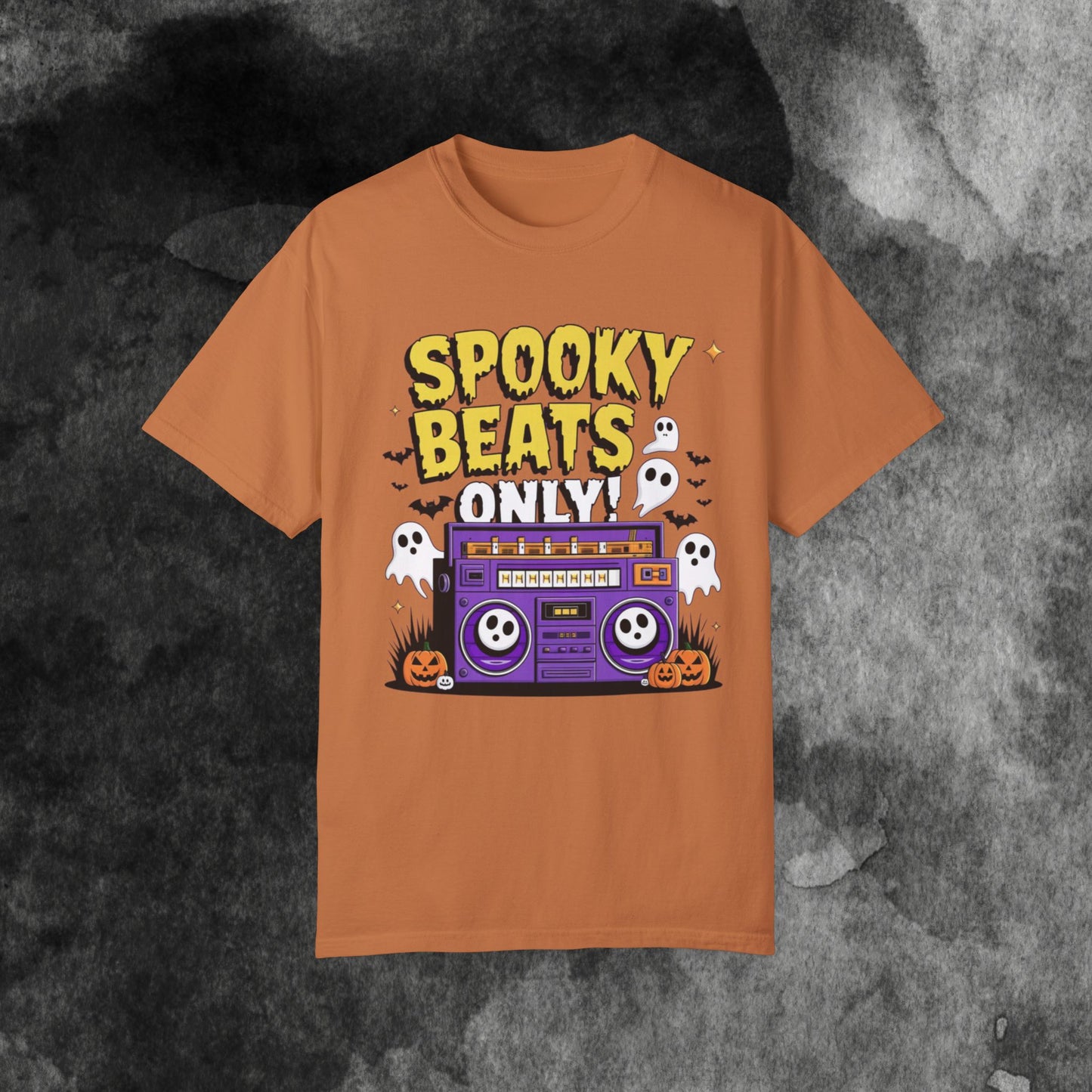 Spooky Beats Only T-Shirt, Halloween Graphic Tee, Retro Boombox Shirt, Ghosts and Pumpkins Design, Fun Holiday Apparel