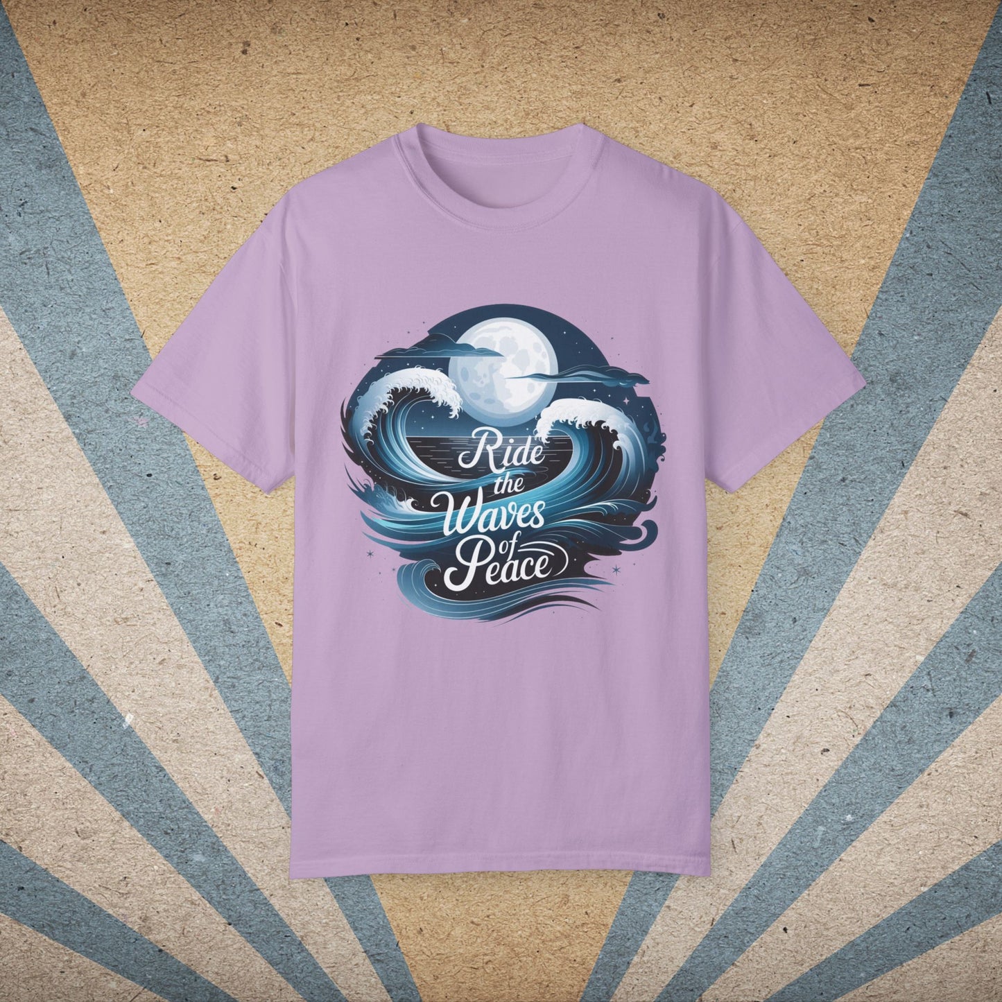 Ride the Waves of Peace Graphic T-Shirt, Surfing Ocean Moon Design Tee, Beach Lovers Shirt, Nautical Themed Apparel Top Garment-Dyed T-shirt