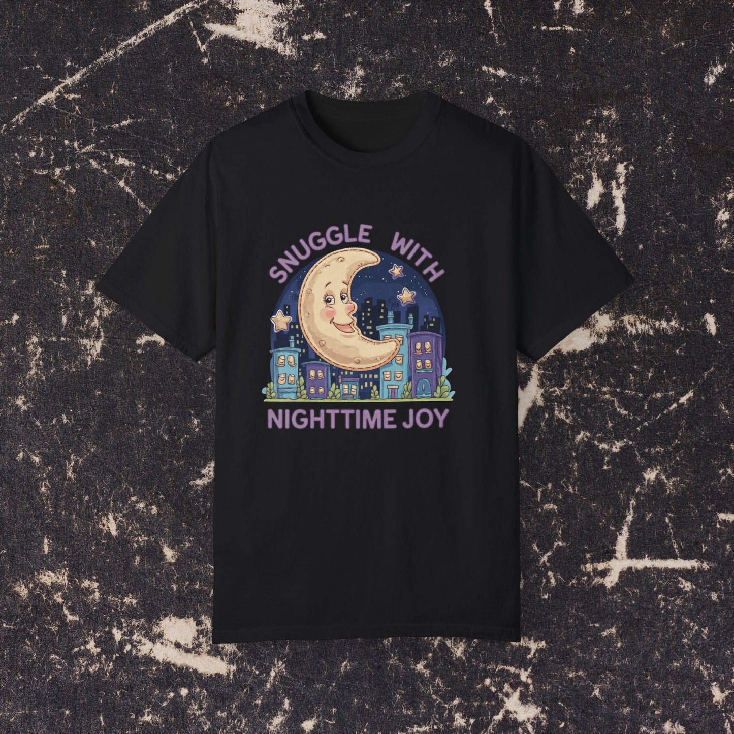 Snuggle with Nighttime Joy Cute Moon Cityscape Graphic Tee Cozy Urban Night Sky Shirt Fun Sleepy Time T-shirt