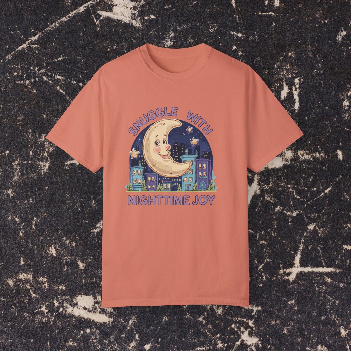 Snuggle with Nighttime Joy Cute Moon Cityscape Graphic Tee Cozy Urban Night Sky Shirt Fun Sleepy Time T-shirt