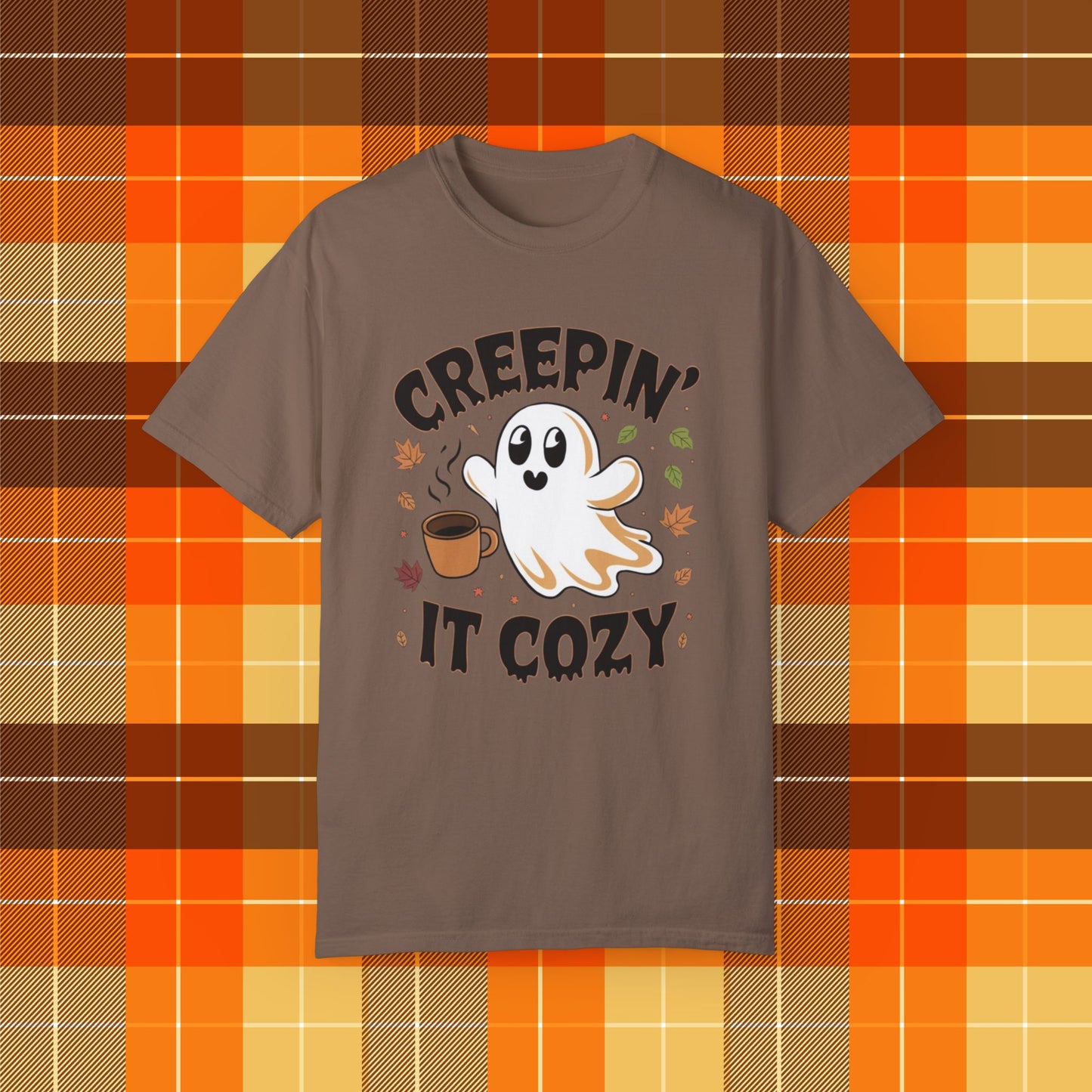 Creepin it cozy ghost coffee T-shirt, Funny Halloween fall leaves shirt, Spooky season graphic tee, Autumn cozy vibes top