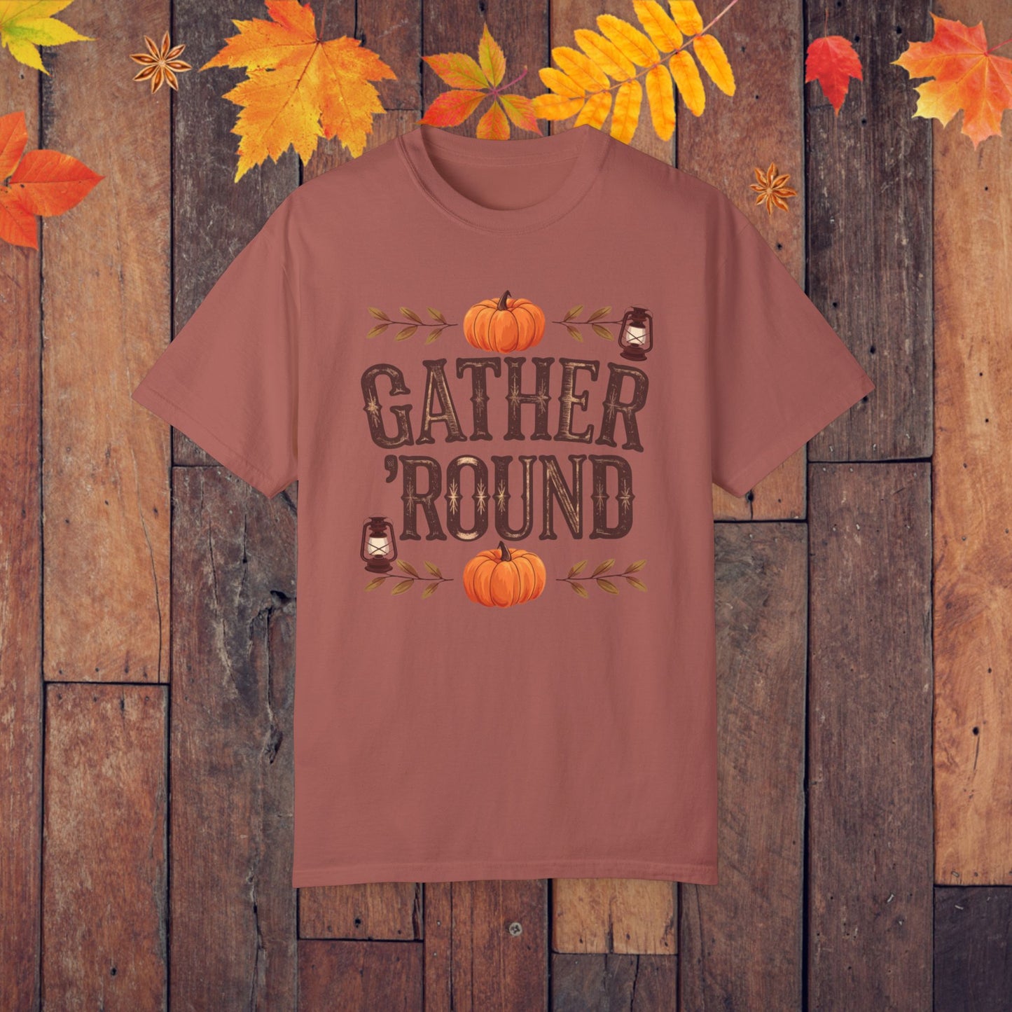 Gather Round Fall Themed T-Shirt, Pumpkin Lantern Design Tee, Autumn Season Shirt, Rustic Thanksgiving Shirt, Cozy Fall Apparel Gift