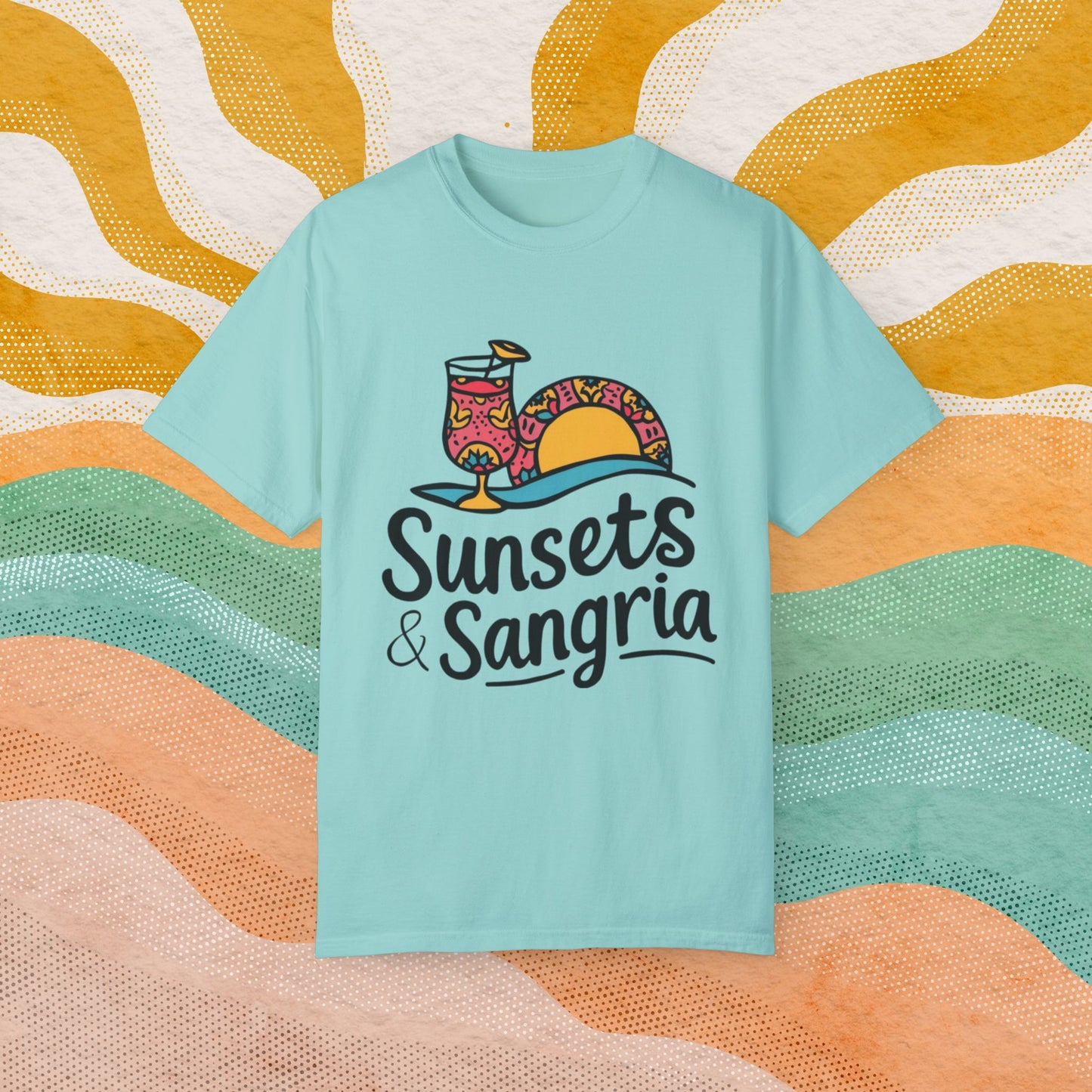 Sunsets and Sangria Graphic Tee, Fun Summer Beach Shirt, Vacation Vibes T-Shirt, Relaxed Fit Casual Top, Unique Gift Idea