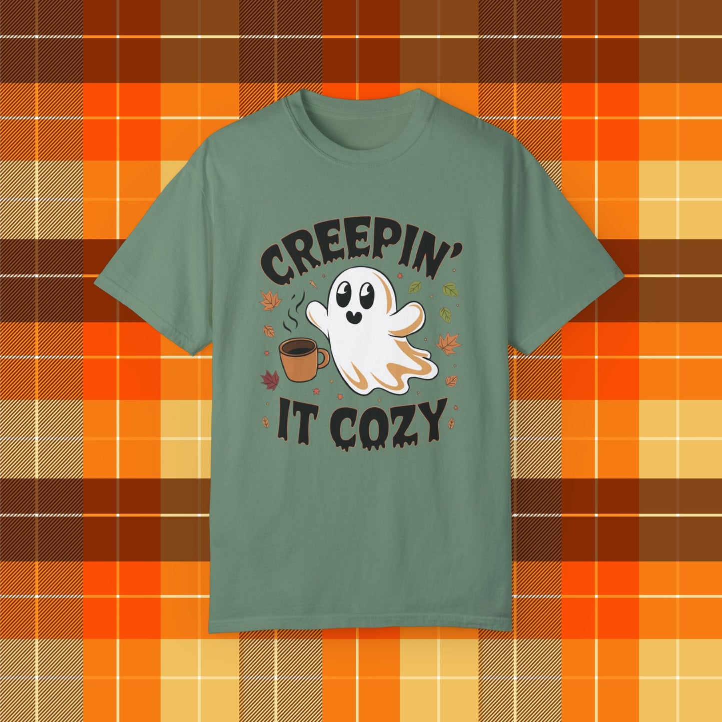 Creepin it cozy ghost coffee T-shirt, Funny Halloween fall leaves shirt, Spooky season graphic tee, Autumn cozy vibes top