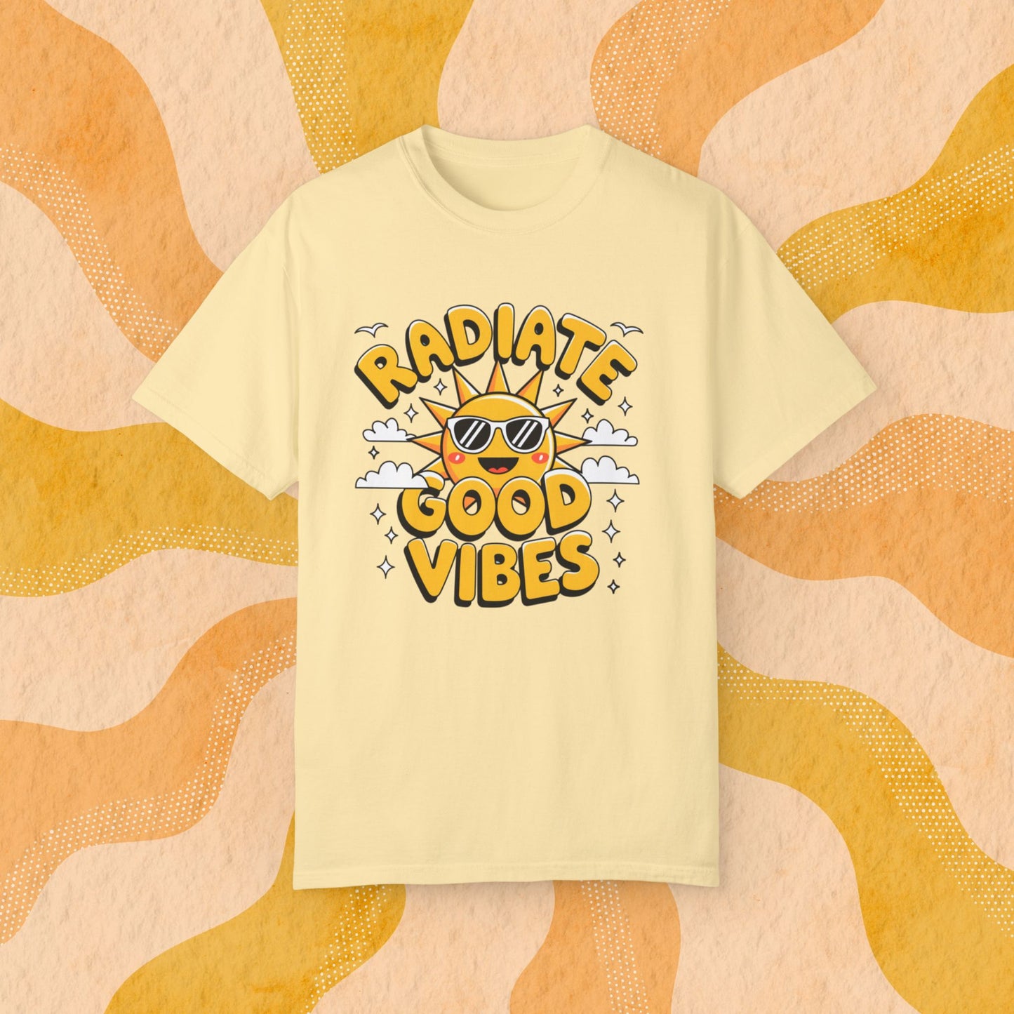 Radiate Good Vibes T-Shirt, Positive Energy Shirt, Sun and Cloud Graphic Tee, Happy Sunshine Shirt, Good Vibes Graphic Tee T-shirt Gift Garment-Dyed T-shirt