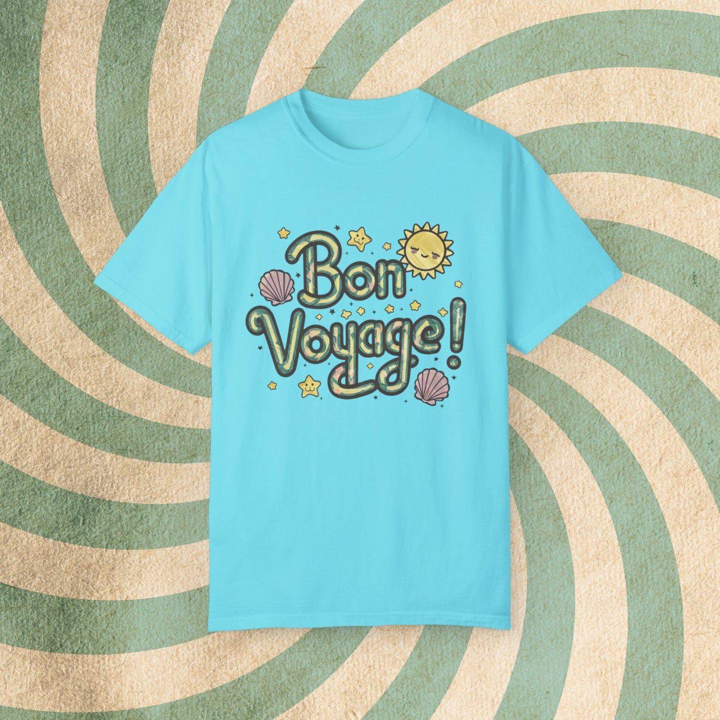 Bon Voyage T-Shirt, Cute Sun Design Tee, Shell and Star Shirt, Fun Travel Shirt, Charming Graphic Tee, Summer Adventure Top