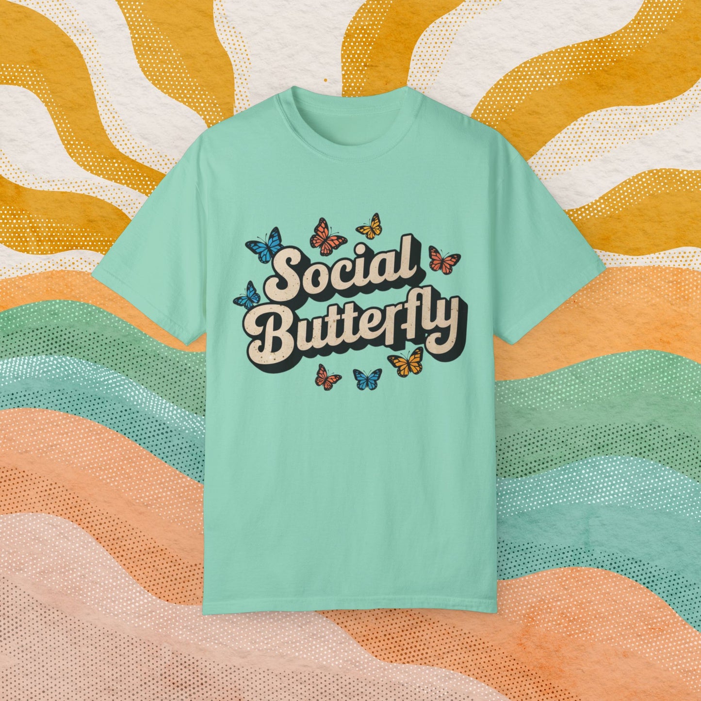 Social Butterfly T-Shirt, Colorful Butterfly Graphic Tee, Fun Summer Fashion, Casual Short Sleeve Shirt, Trendy Gift Idea