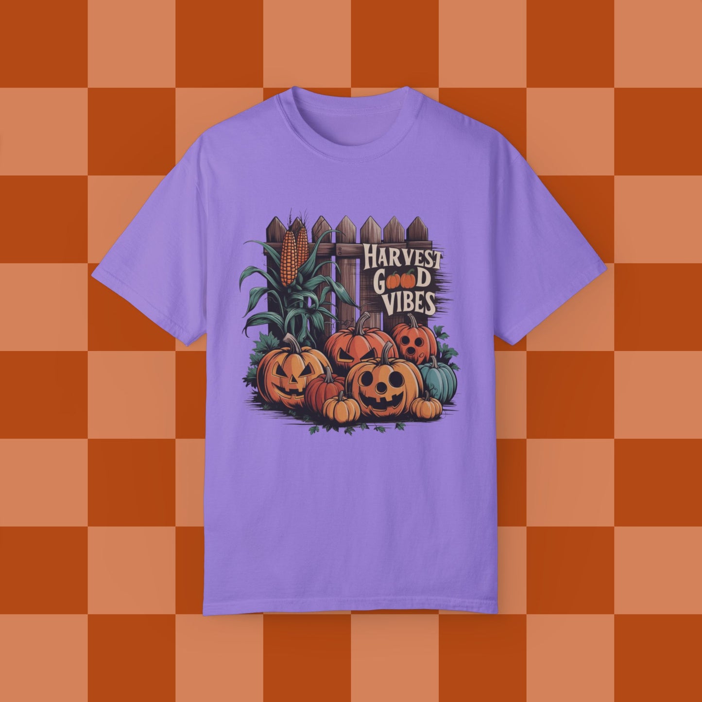 Harvest Good Vibes T-Shirt, Perfect Fall Pumpkin Design, Autumn Corn, Rustic Fence, Cozy Halloween Vibes, Seasonal Graphic Tee