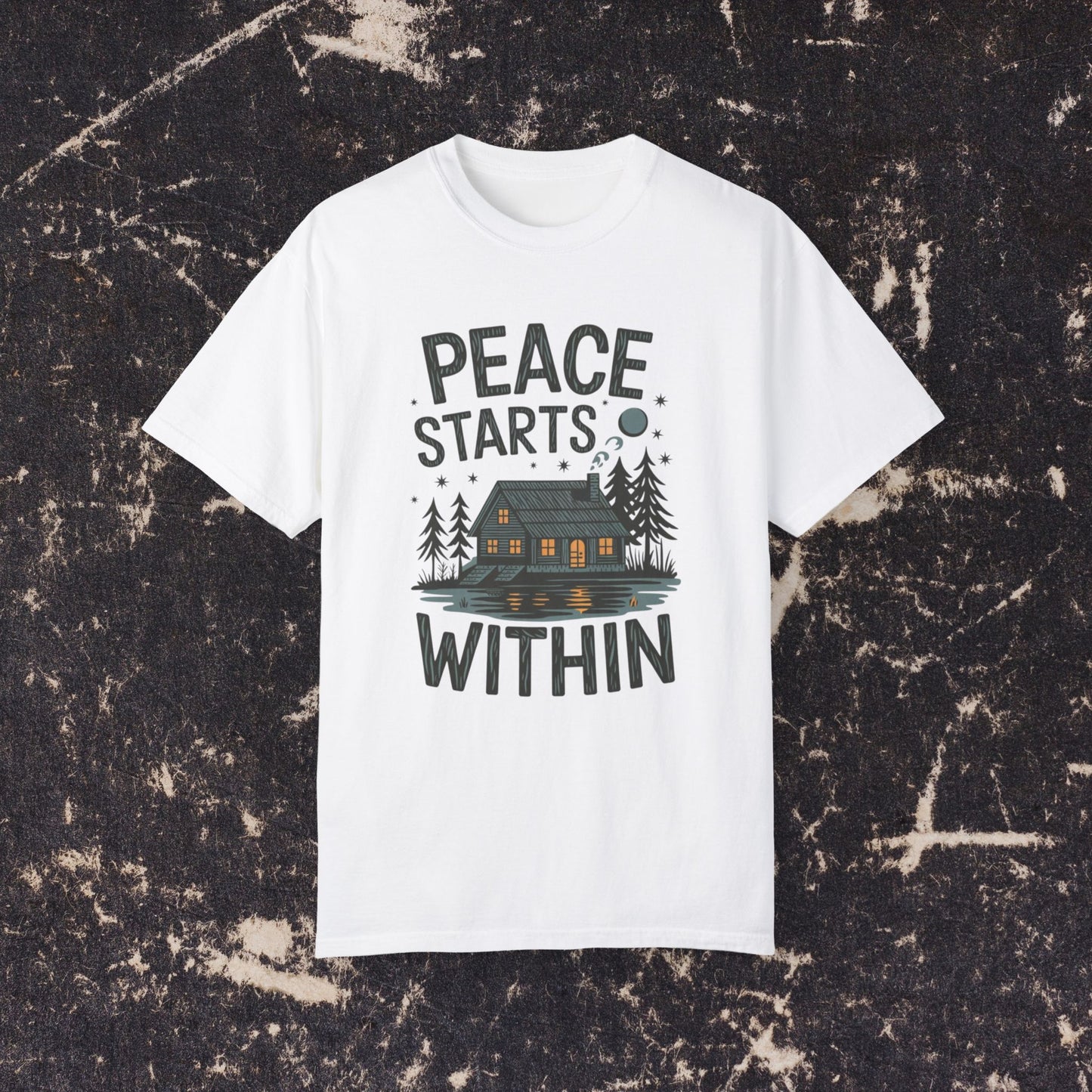 Peace Starts Within T Shirt, Cabin in Woods Graphic Tee, Cozy Cabin Shirt, Inspirational Quote T Shirt, Adventurous Outdoor Tee