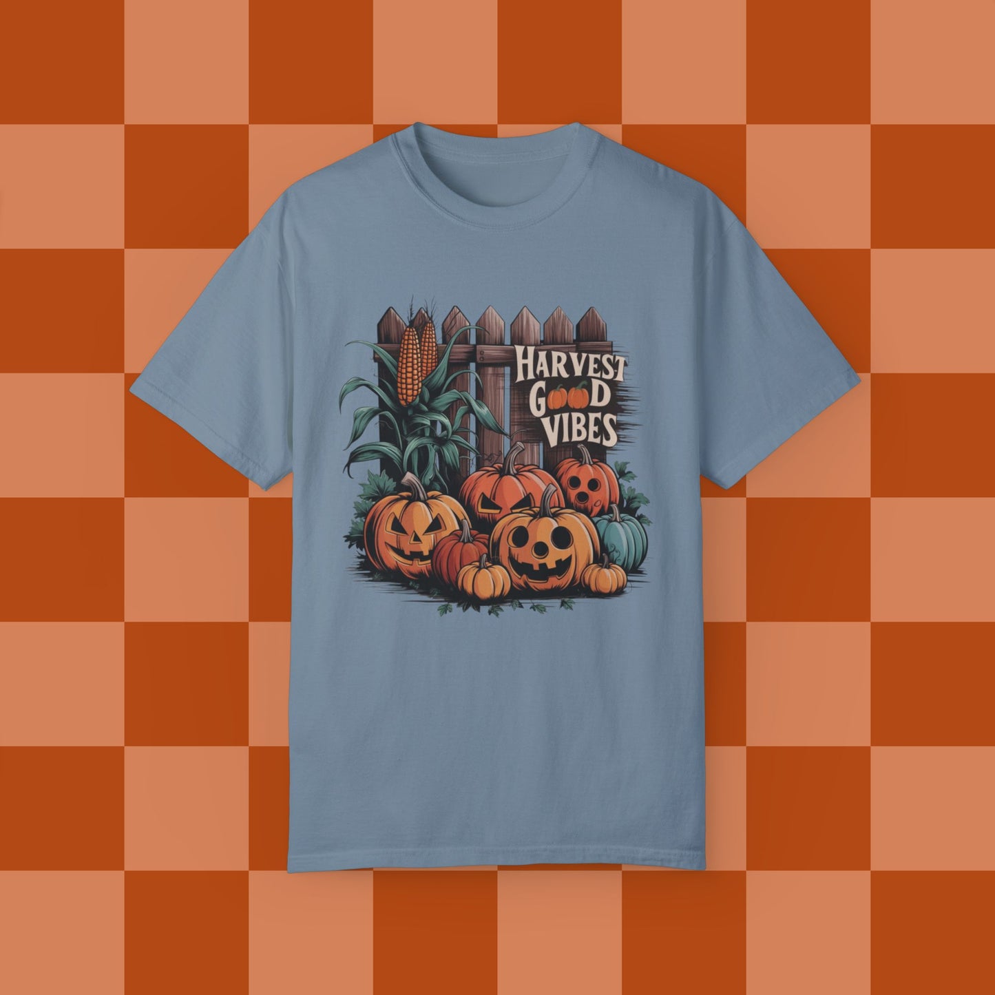 Harvest Good Vibes T-Shirt, Perfect Fall Pumpkin Design, Autumn Corn, Rustic Fence, Cozy Halloween Vibes, Seasonal Graphic Tee