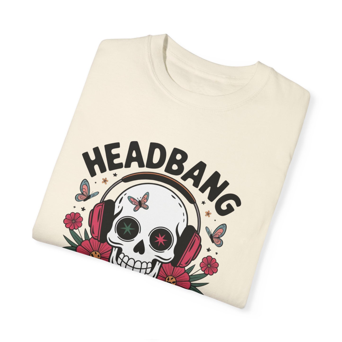 Rock Music Skull Headphones T Shirt, Headbang Into Happiness Graphic Tee, Skull and Flowers Music Lovers Shirt, Fun Music Band Tee