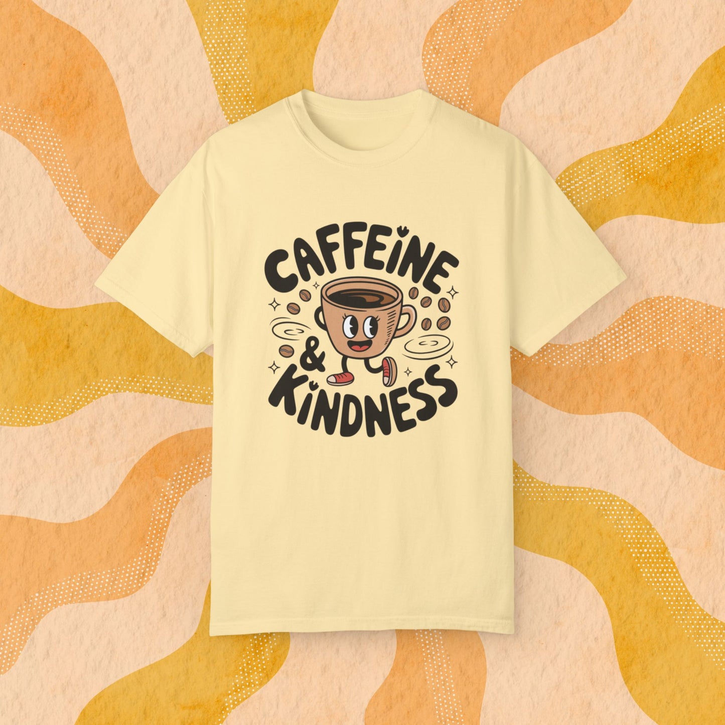 Coffee Lover T-Shirt, Caffeine and Kindness Shirt, Funny Coffee Graphic Tee, Cute Coffee Cup Illustration, Coffee Enthusiast Gift