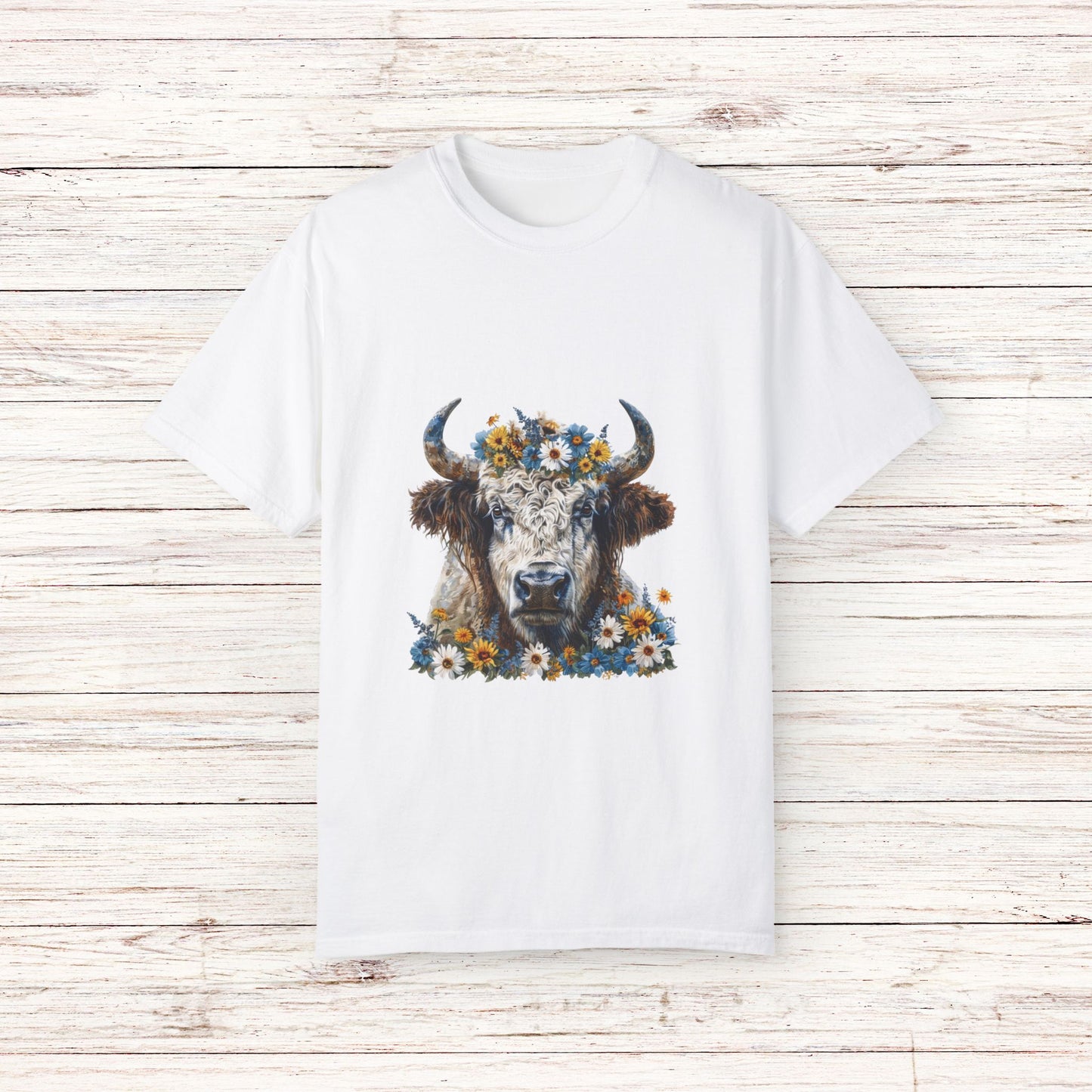 Title Bison T Shirt Colorful Floral Design Cute Nature Inspired Art Tee Shirt Unique Bison Apparel Garment-Dyed T-shirt