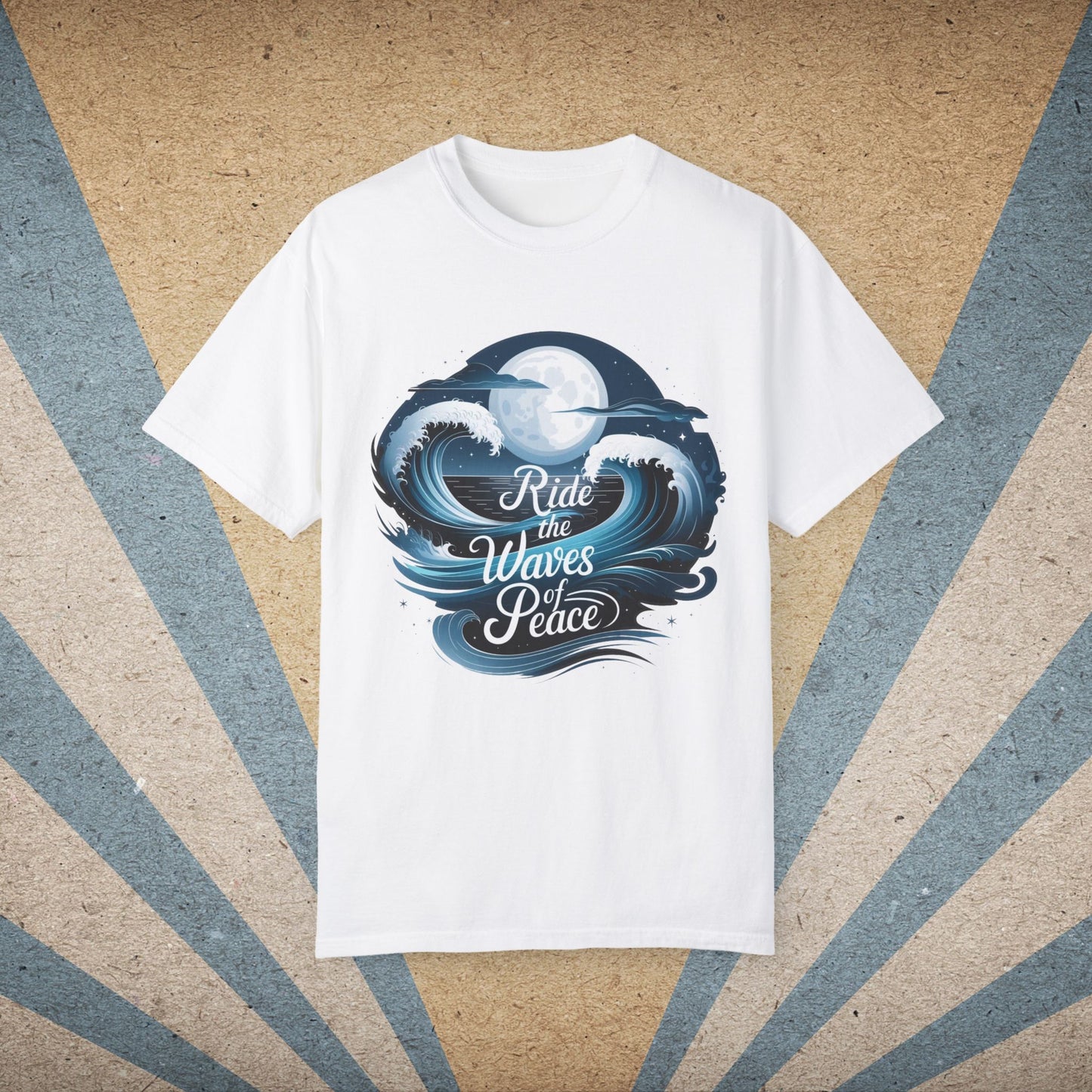 Ride the Waves of Peace Graphic T-Shirt, Surfing Ocean Moon Design Tee, Beach Lovers Shirt, Nautical Themed Apparel Top Garment-Dyed T-shirt