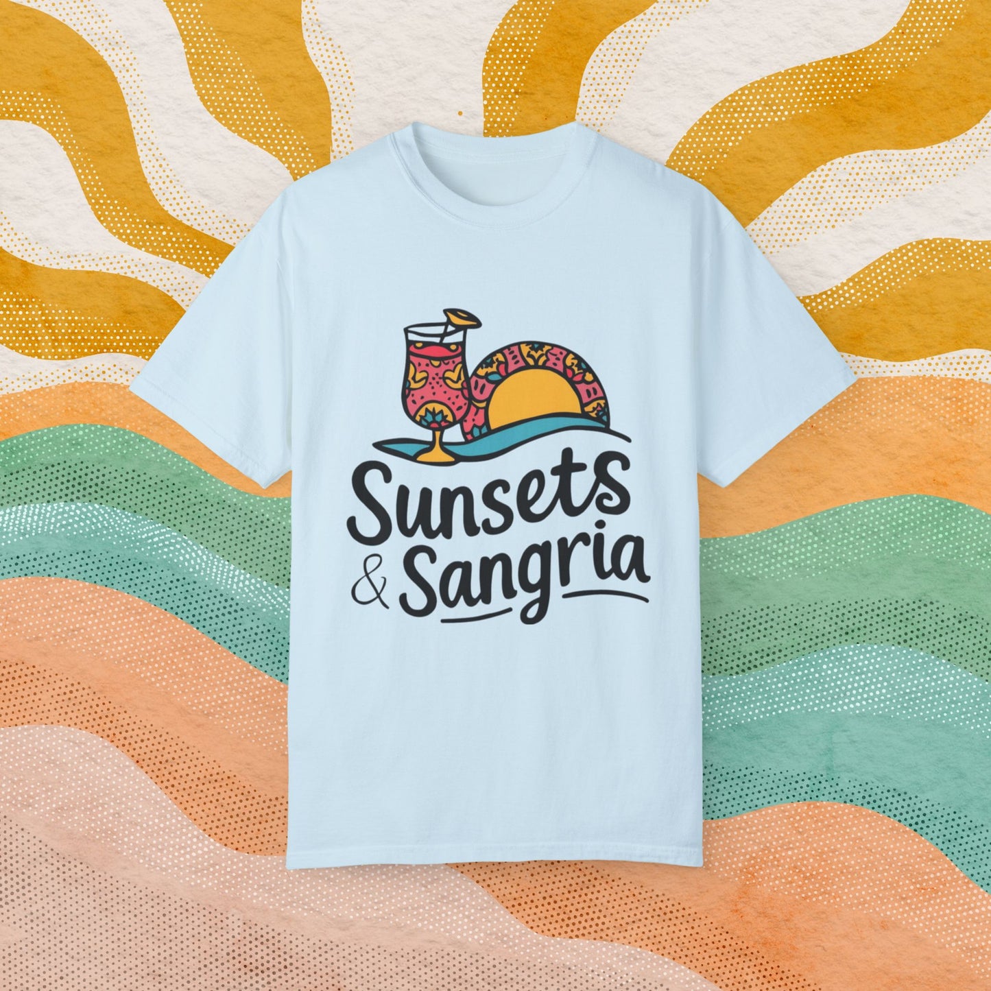 Sunsets and Sangria Graphic Tee, Fun Summer Beach Shirt, Vacation Vibes T-Shirt, Relaxed Fit Casual Top, Unique Gift Idea