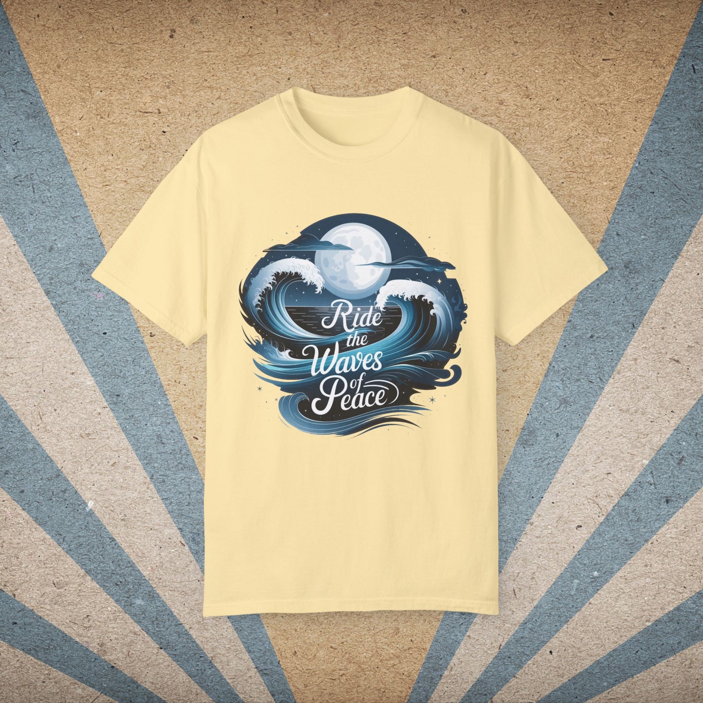 Ride the Waves of Peace Graphic T-Shirt, Surfing Ocean Moon Design Tee, Beach Lovers Shirt, Nautical Themed Apparel Top Garment-Dyed T-shirt